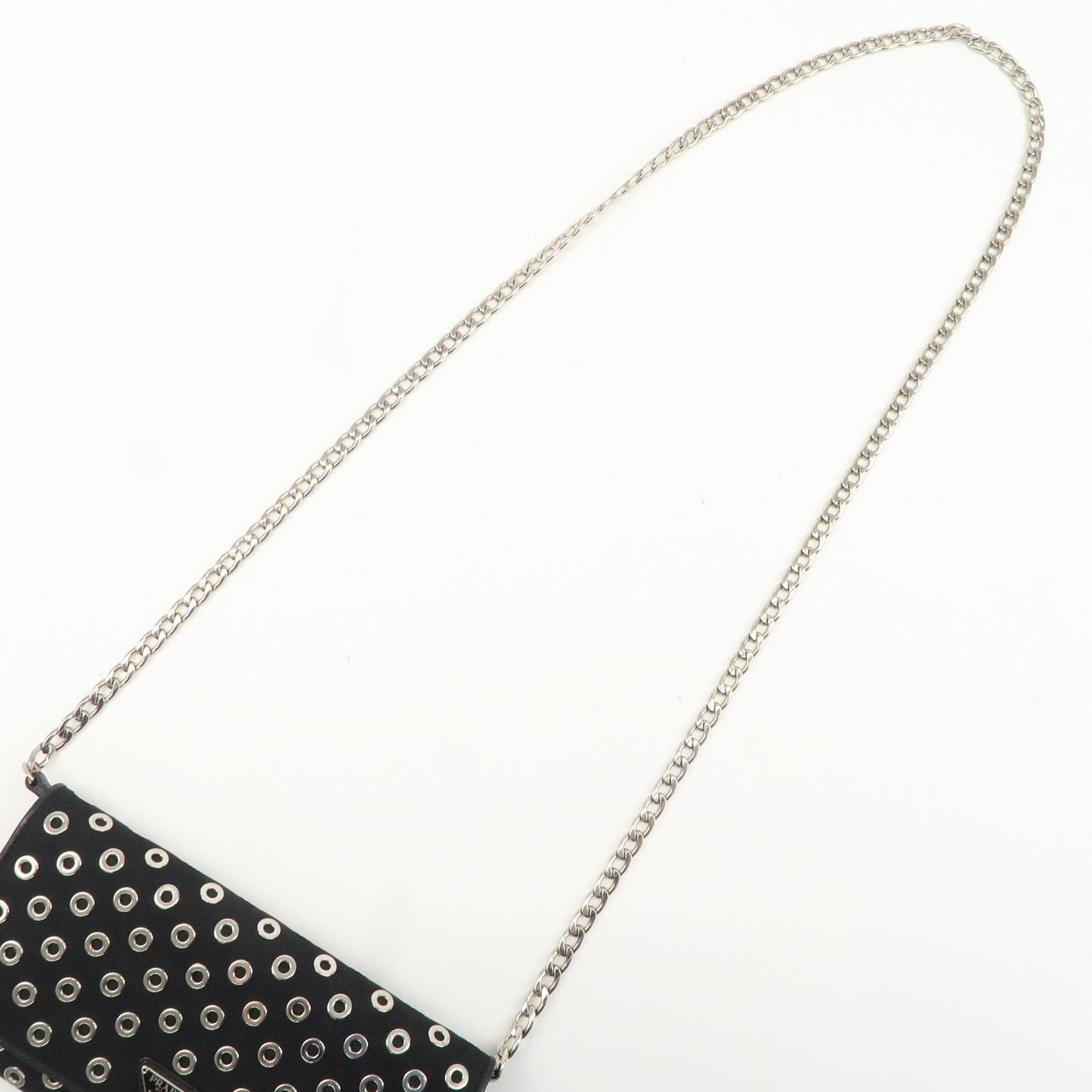 PRADA Grommet Nylon Leather Chain Long Wallet Black Silver HDW  d