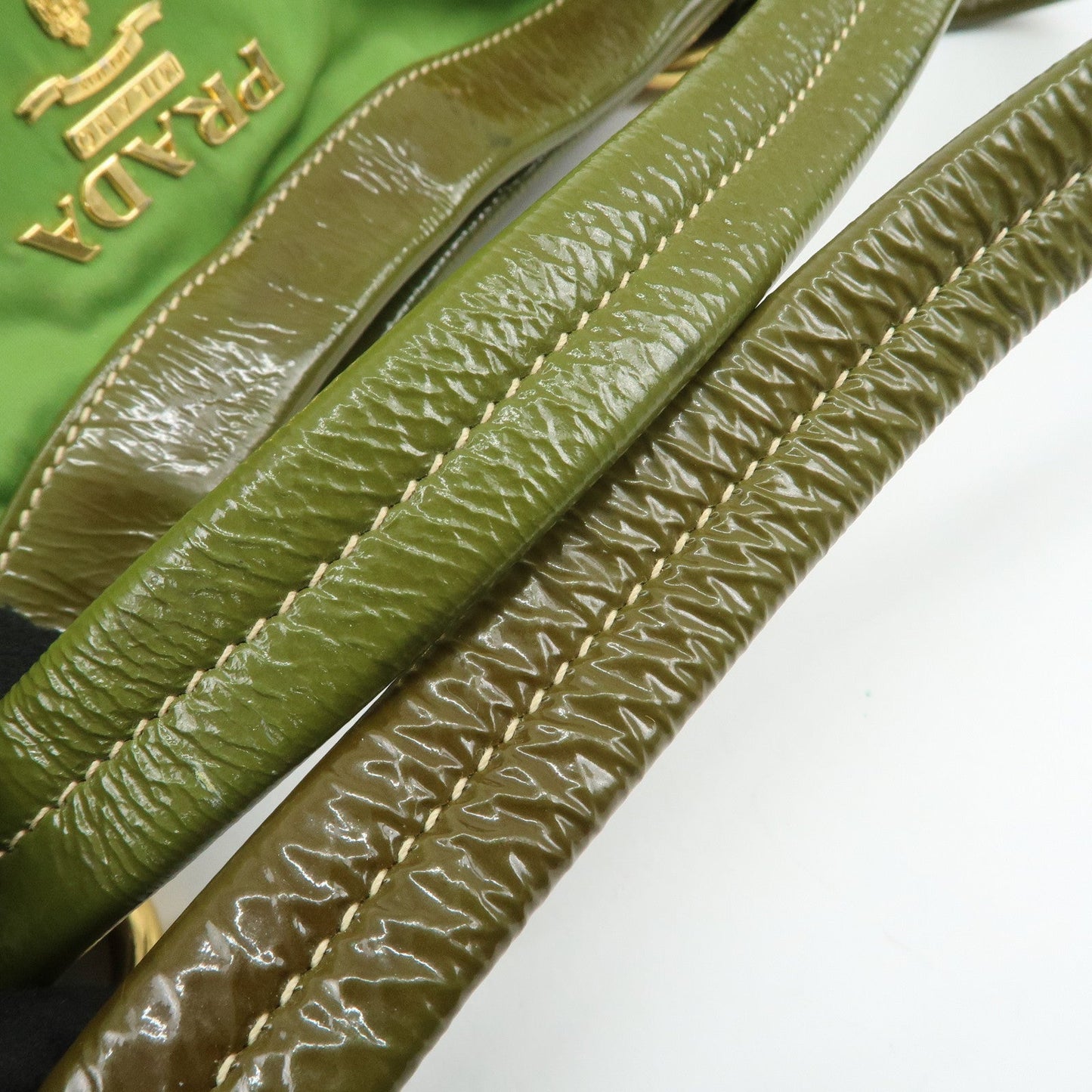 PRADA Nylon Patent Leather Tote Bag Shoulder Bag Green Khaki  d