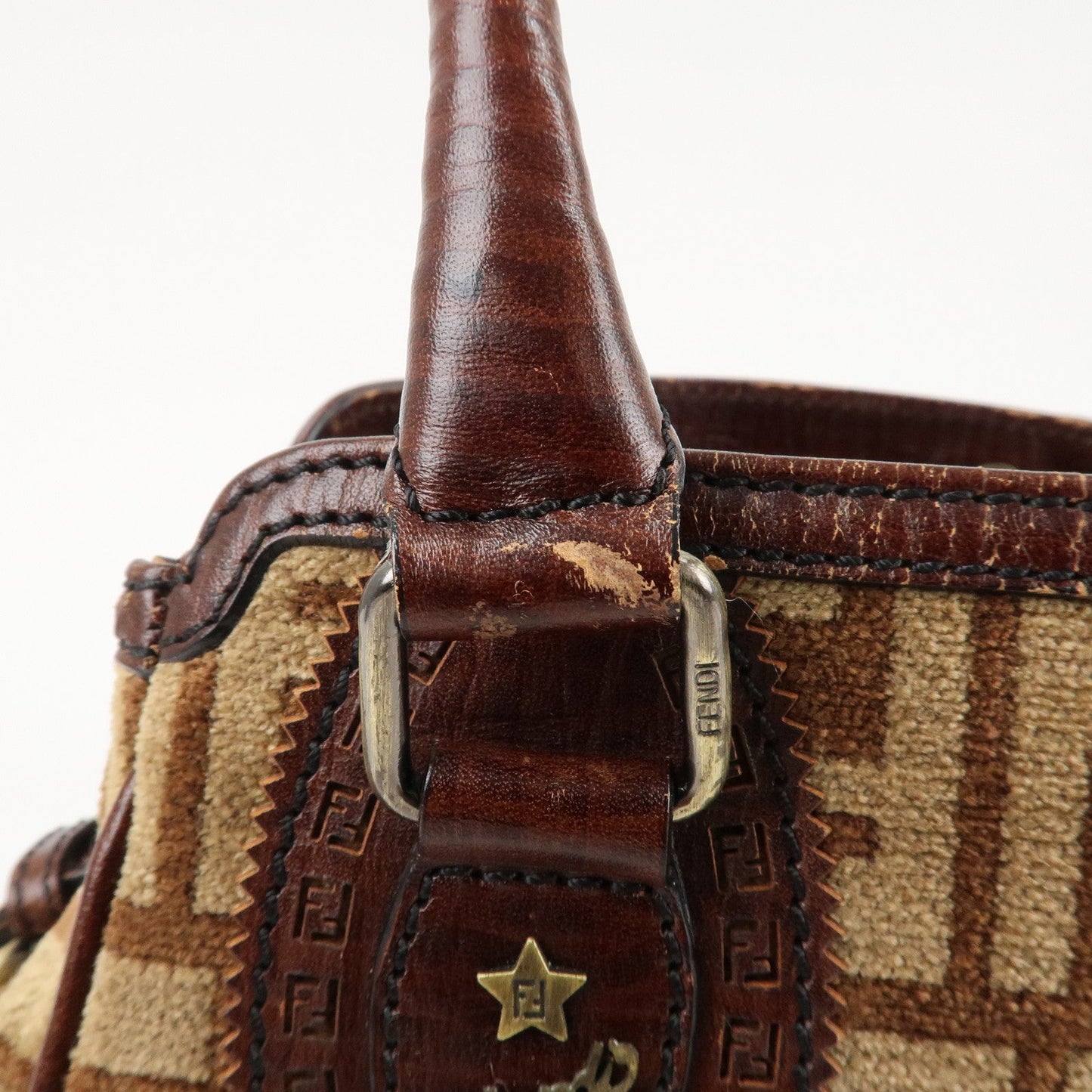 FENDI Ethnico Zucca Canvas Leather Tote Bag Brown 8BN157  d