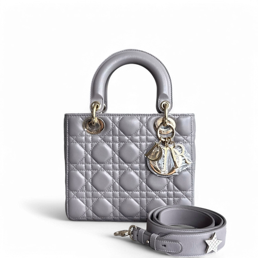 Dior Lady Small - Cannage Lambskin Grey Gray Gold Hardware