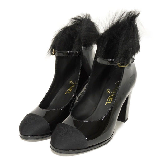 CHANEL pumps G45174 Patent leather x fur black COCO Mark Mary Jane Patent Fur 36C