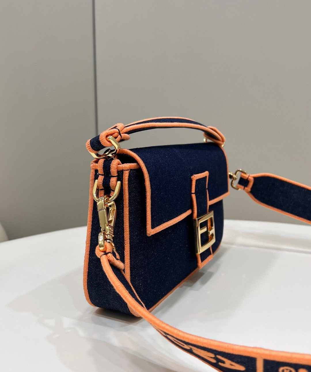 Top QualityTop Quality Baguette Blue Denim Orange Border Bag For Woman 26cm/10in