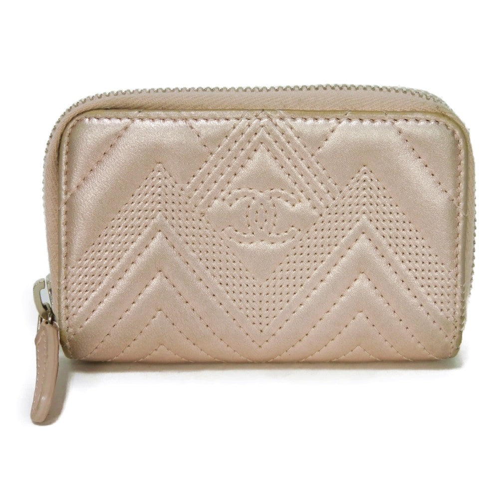 CHANEL Coin case A82535 lambskin Metallic light pink COCO Mark Chevron Zip Coin Purse Women  d