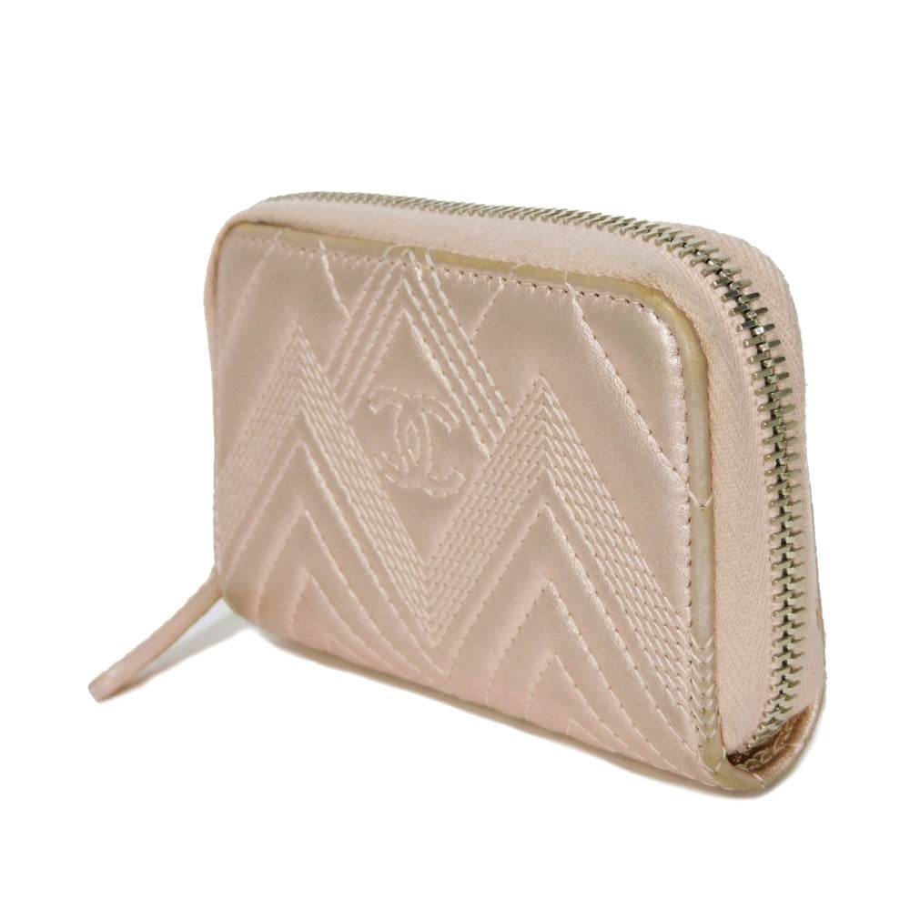 CHANEL Coin case A82535 lambskin Metallic light pink COCO Mark Chevron Zip Coin Purse Women  d
