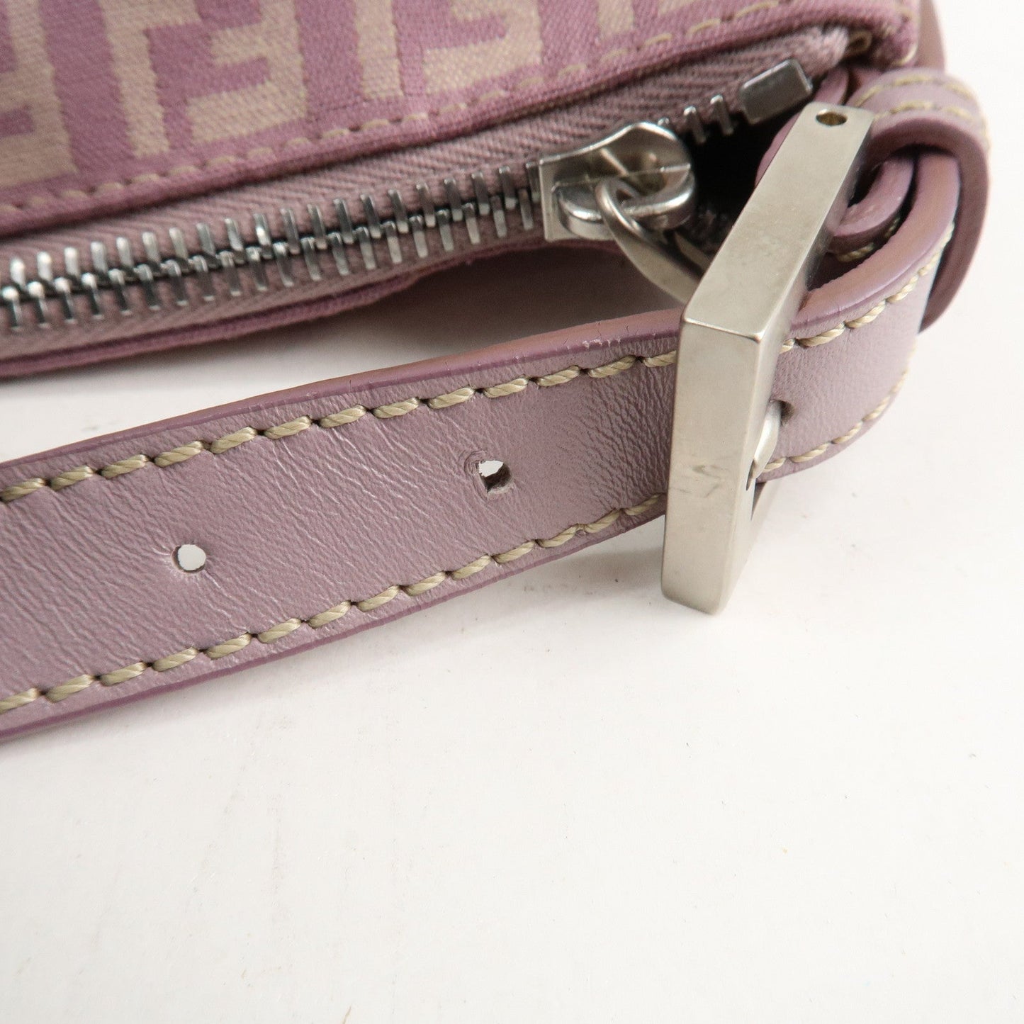Auth FENDI  Zucchino Canvas Leather Hand Bag Pouch Purple Beige 8N0005  d F/S  d