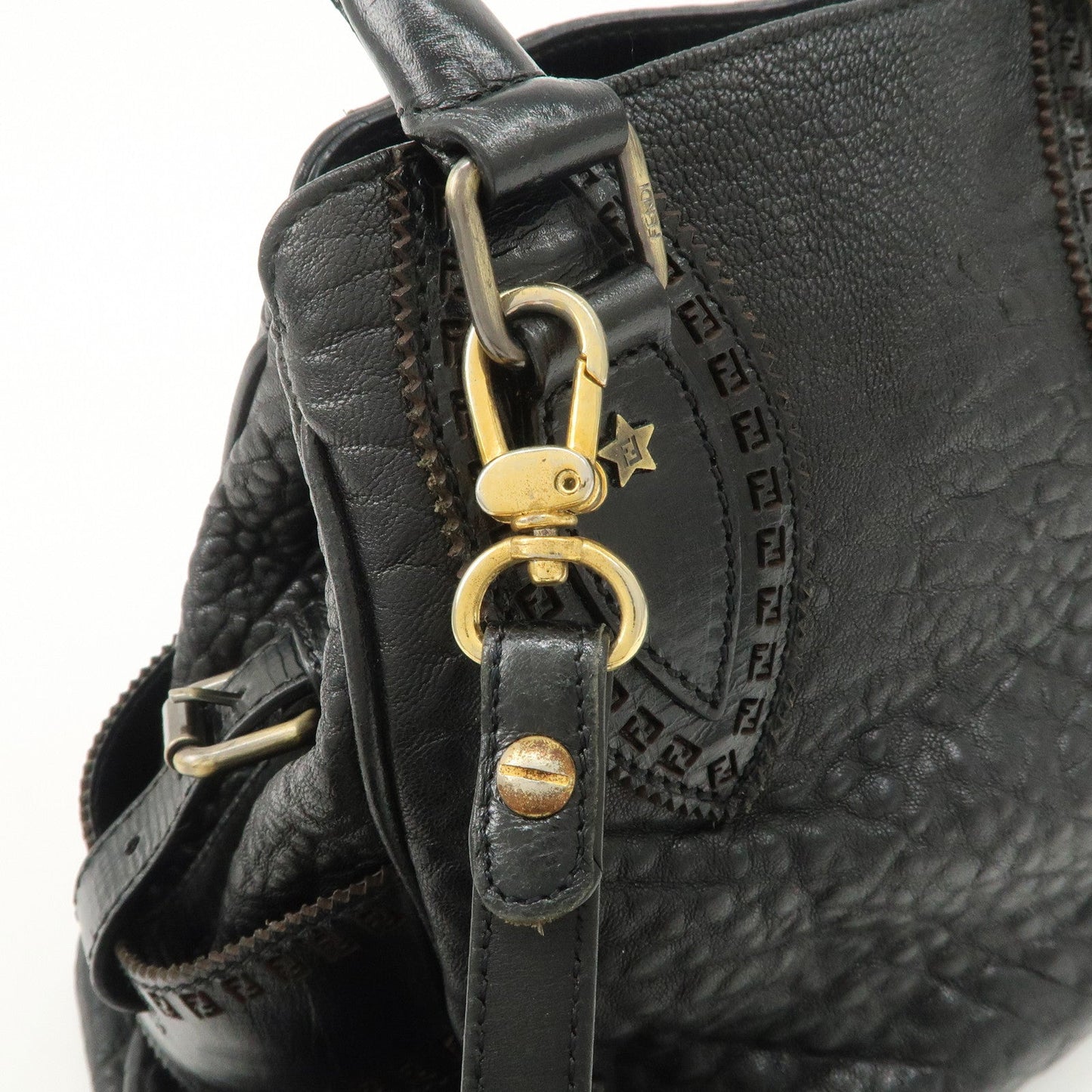 FENDI Ethnico Zucca Canvas Leather Shoulder Bag Black 8BN157  d