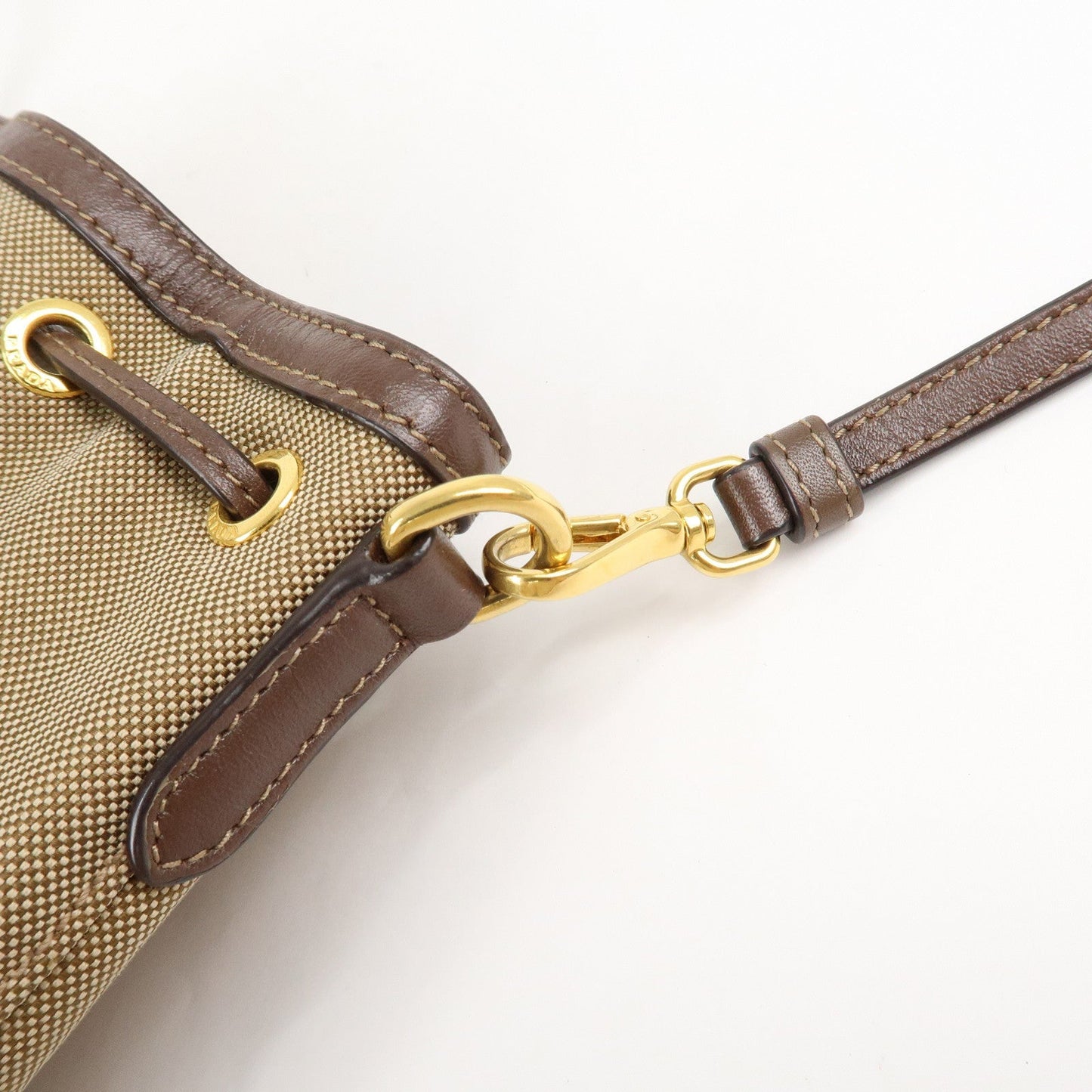 PRADA Logo Jacquard Leather Drawstring Shoulder Bag Beige 1BH038  d