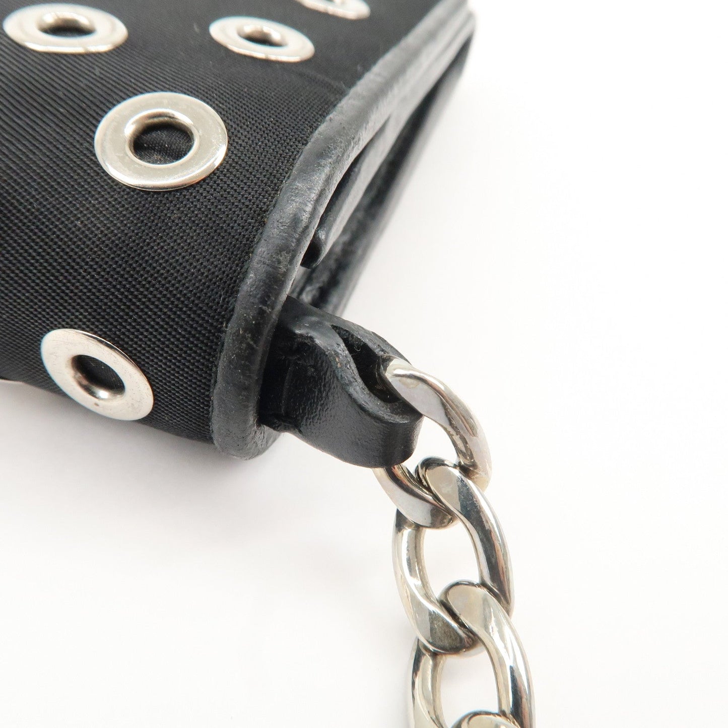 PRADA Grommet Nylon Leather Chain Long Wallet Black Silver HDW  d
