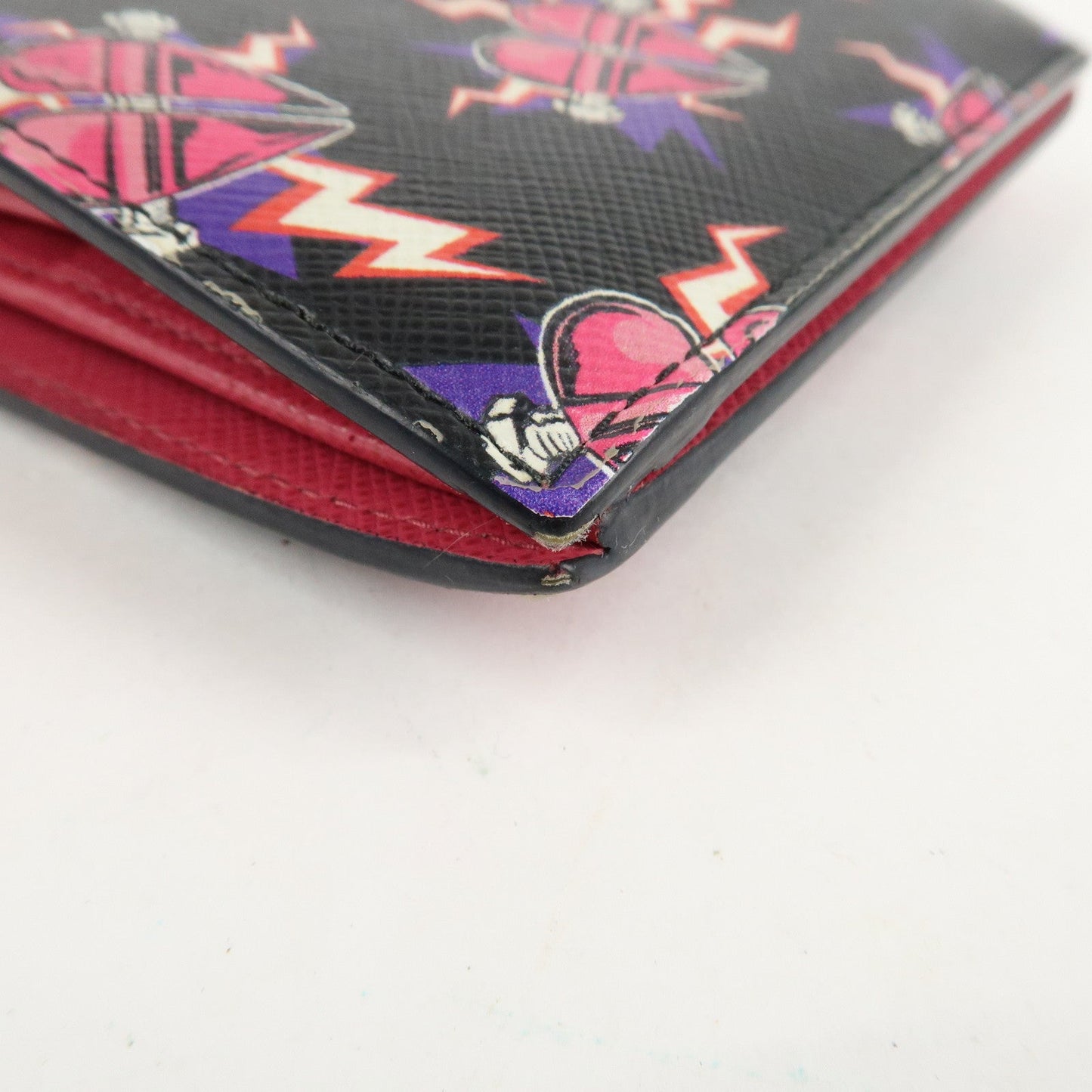 PRADA Logo Saffiano Leather Heart Print Bi-fold Wallet 1MV204  d