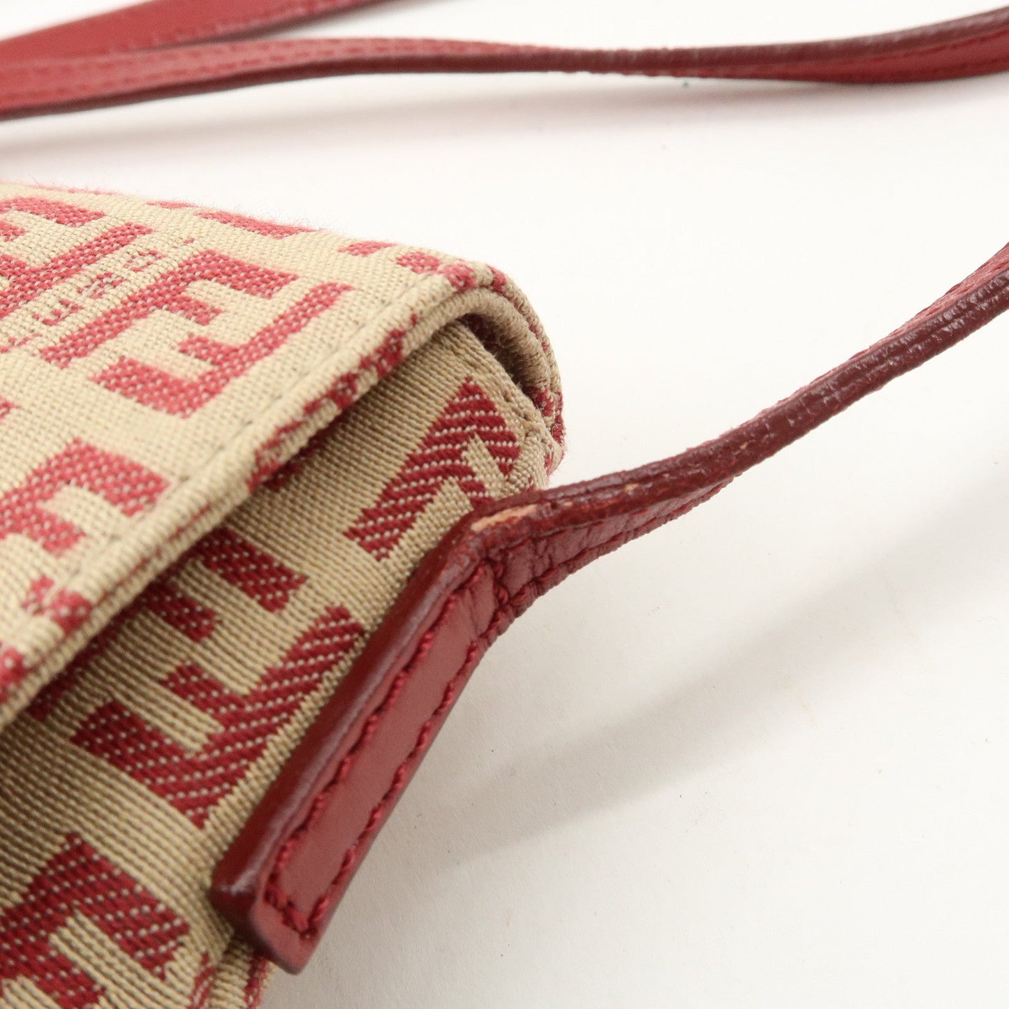 FENDI Zucchino Canvas Leather Shoulder Bag Beige Red 8BT075  d