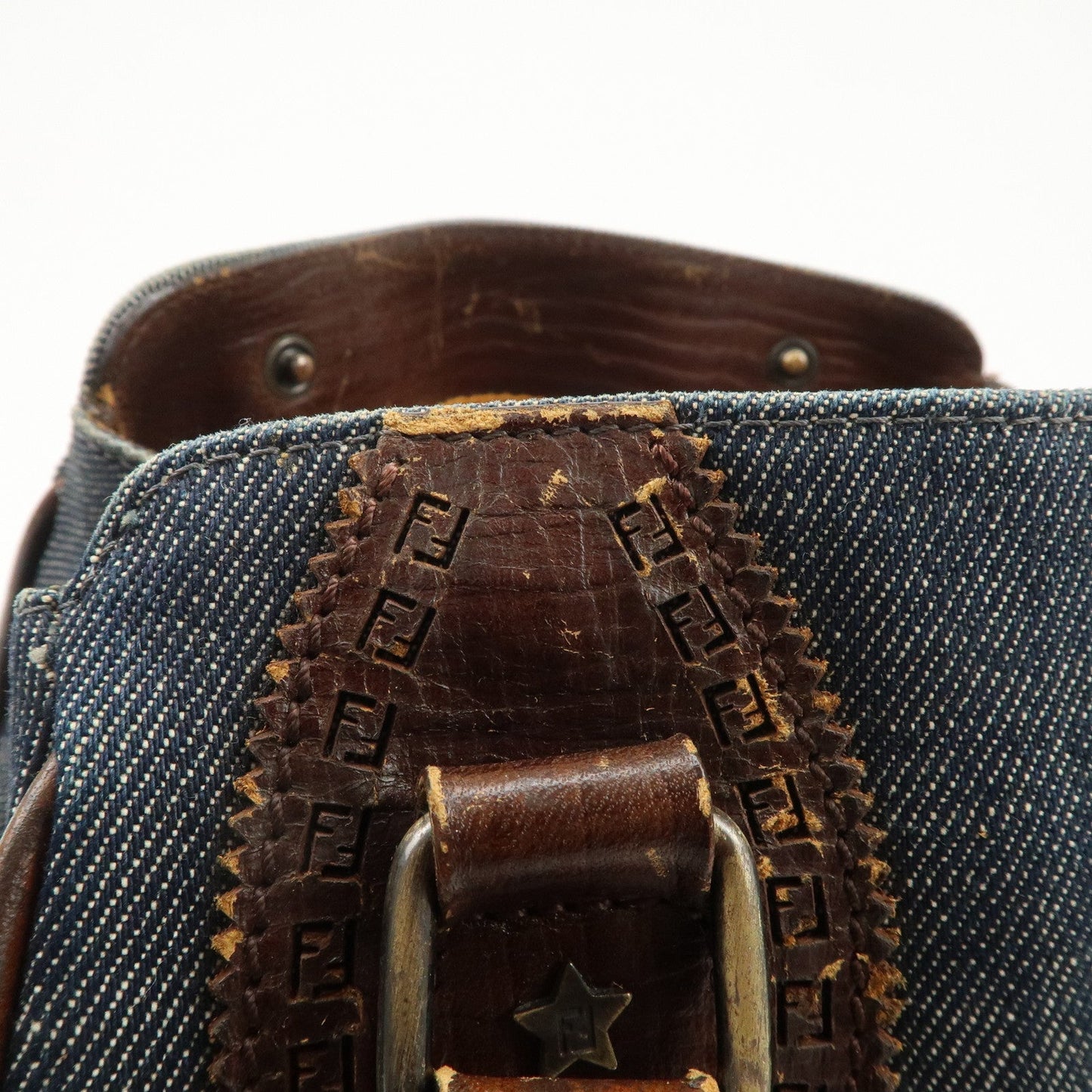 FENDI Ethnico Denim Leather Shoulder Bag Blue Brown 8BN157  d