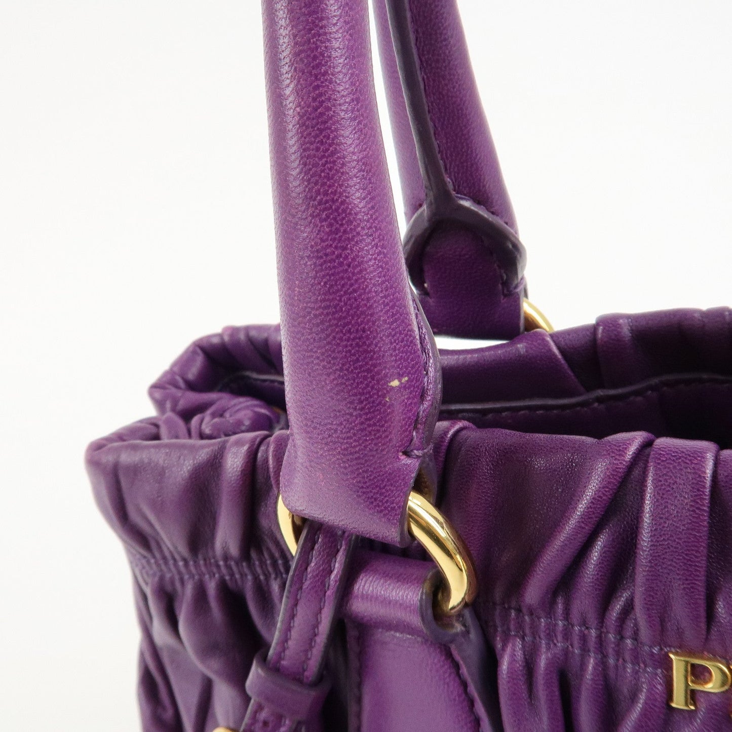 PRADA Leather Gathered Hand Bag Purple Gold Hardware BN2394  d