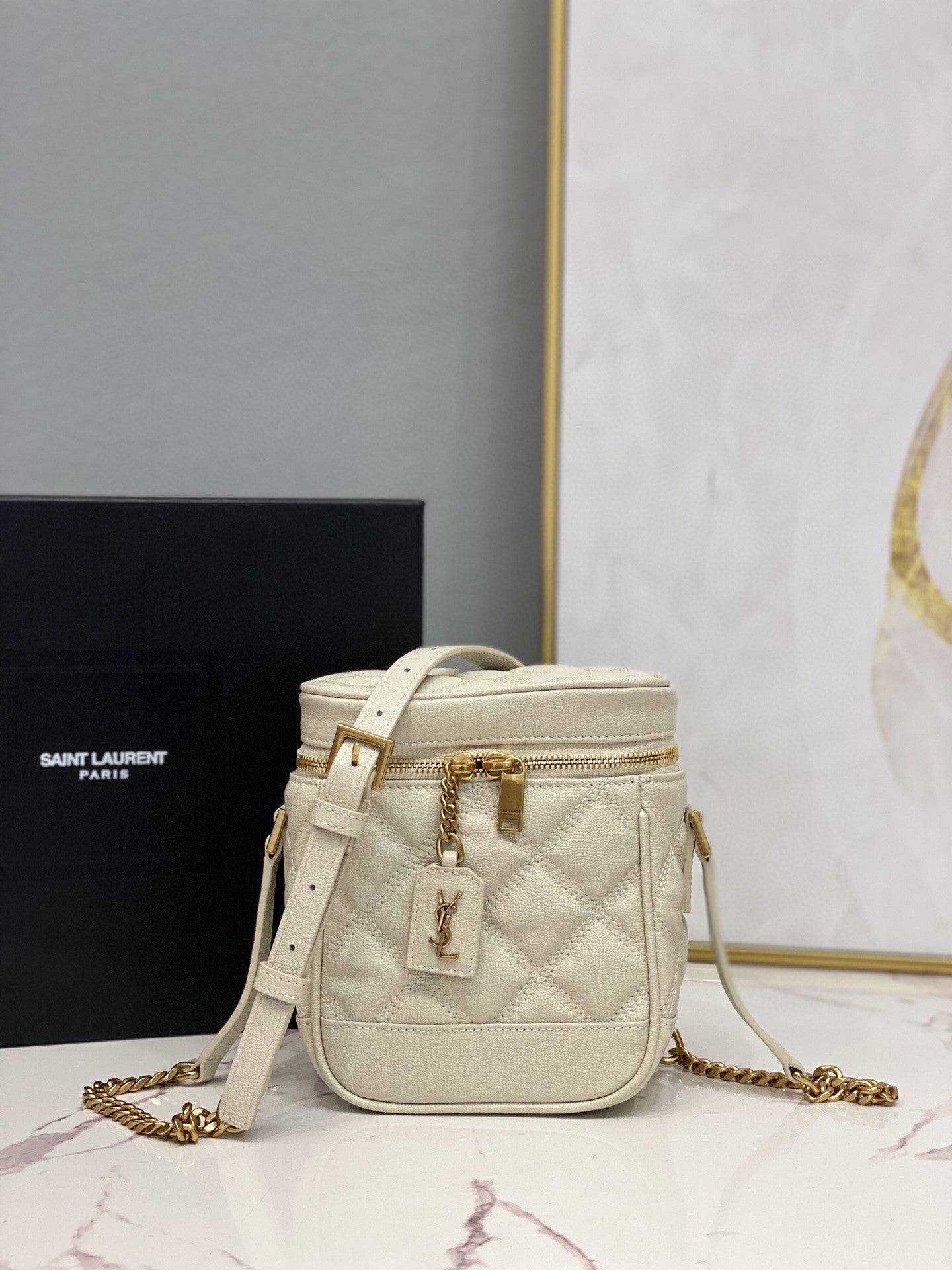YSSL 80’s Vanity Bag In Carré-Quilted Grain De Poudre White For Women 6in/16.5cm YSL 649779DME279207