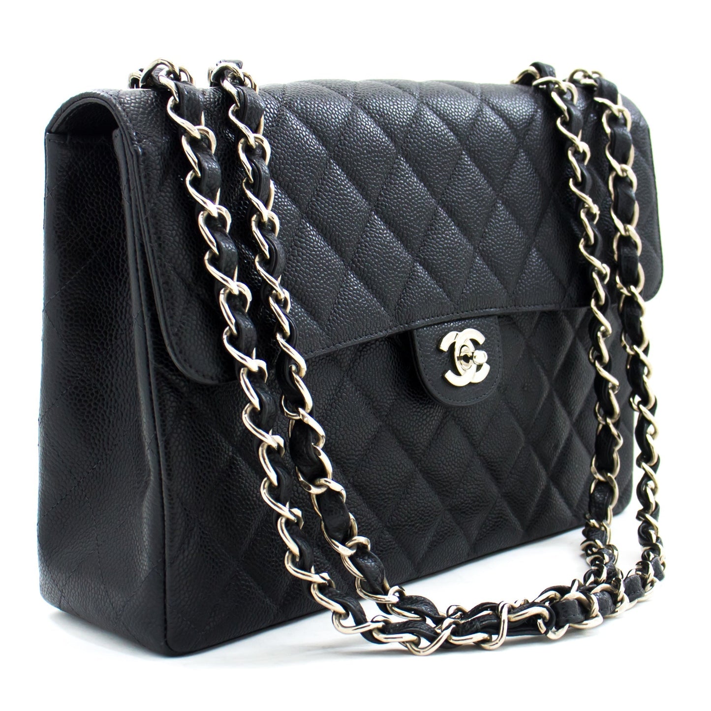 CHANEL Classic Large 11" Chain Shoulder Bag Black Grained Calfskin