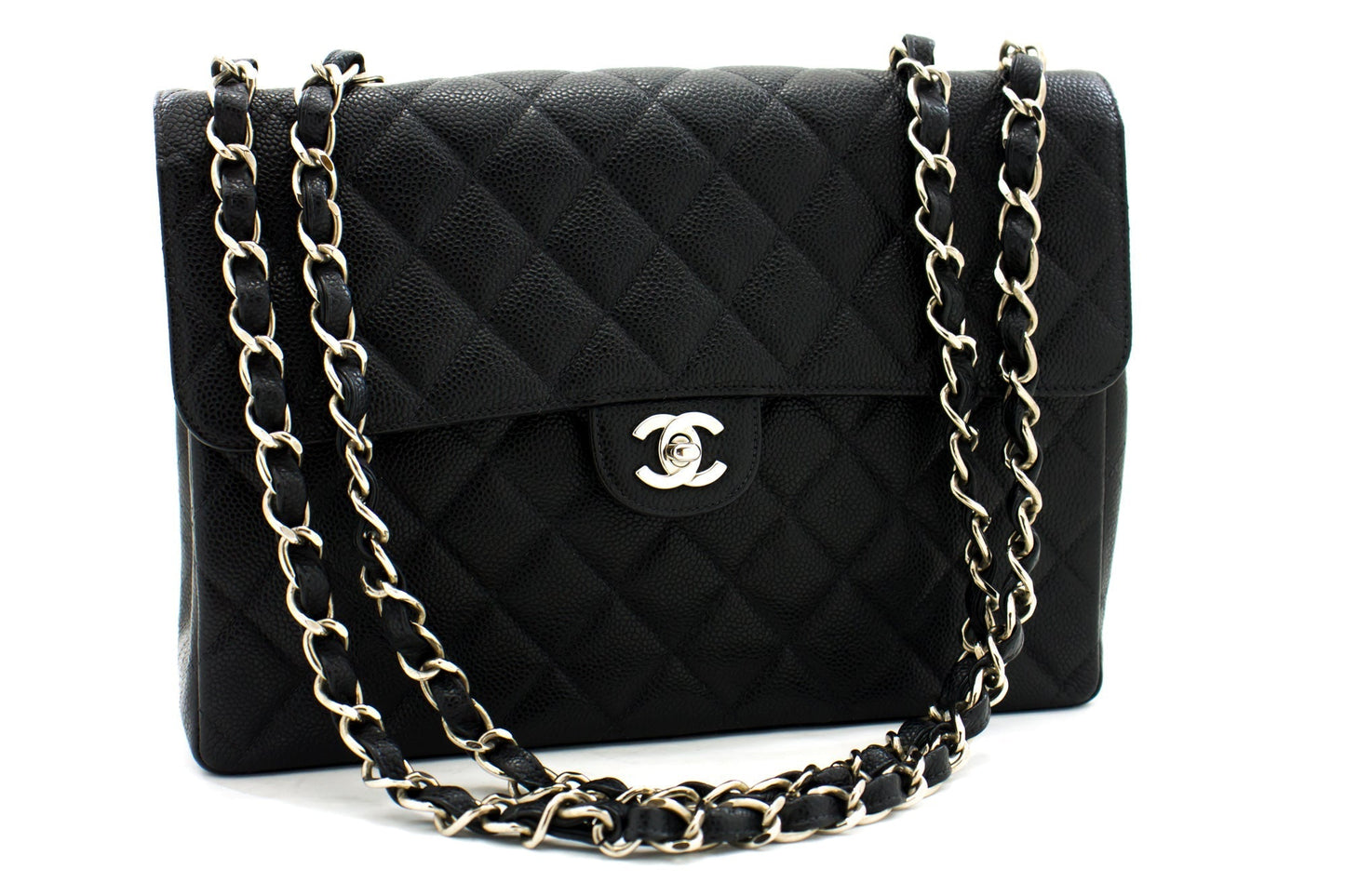 CHANEL Classic Large 11" Chain Shoulder Bag Black Grained Calfskin