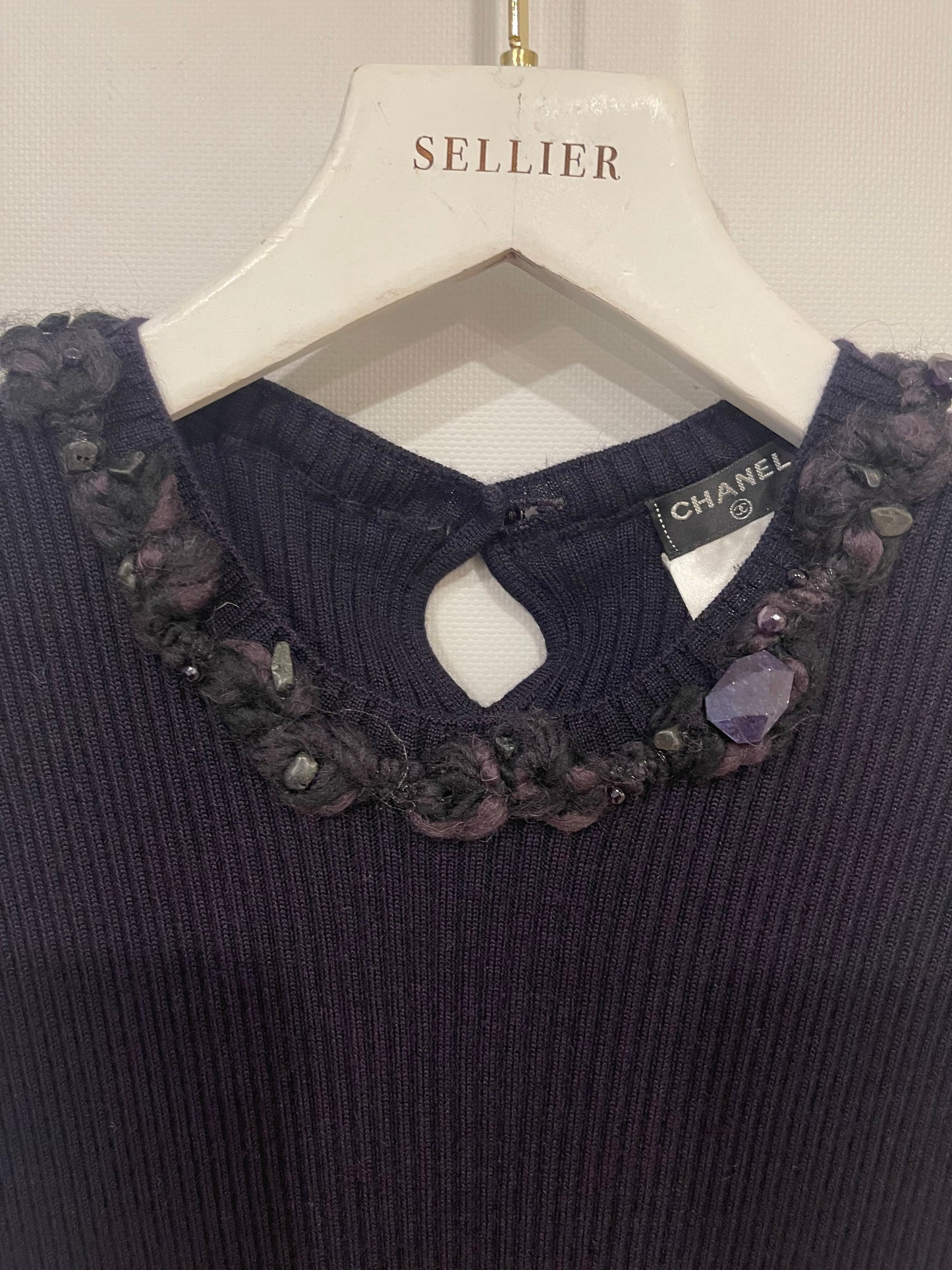Chanel Purple Cashmere Silk Blend Sleeveless Top with Stone-Embellished Collar Size FR 40 (UK 12)
