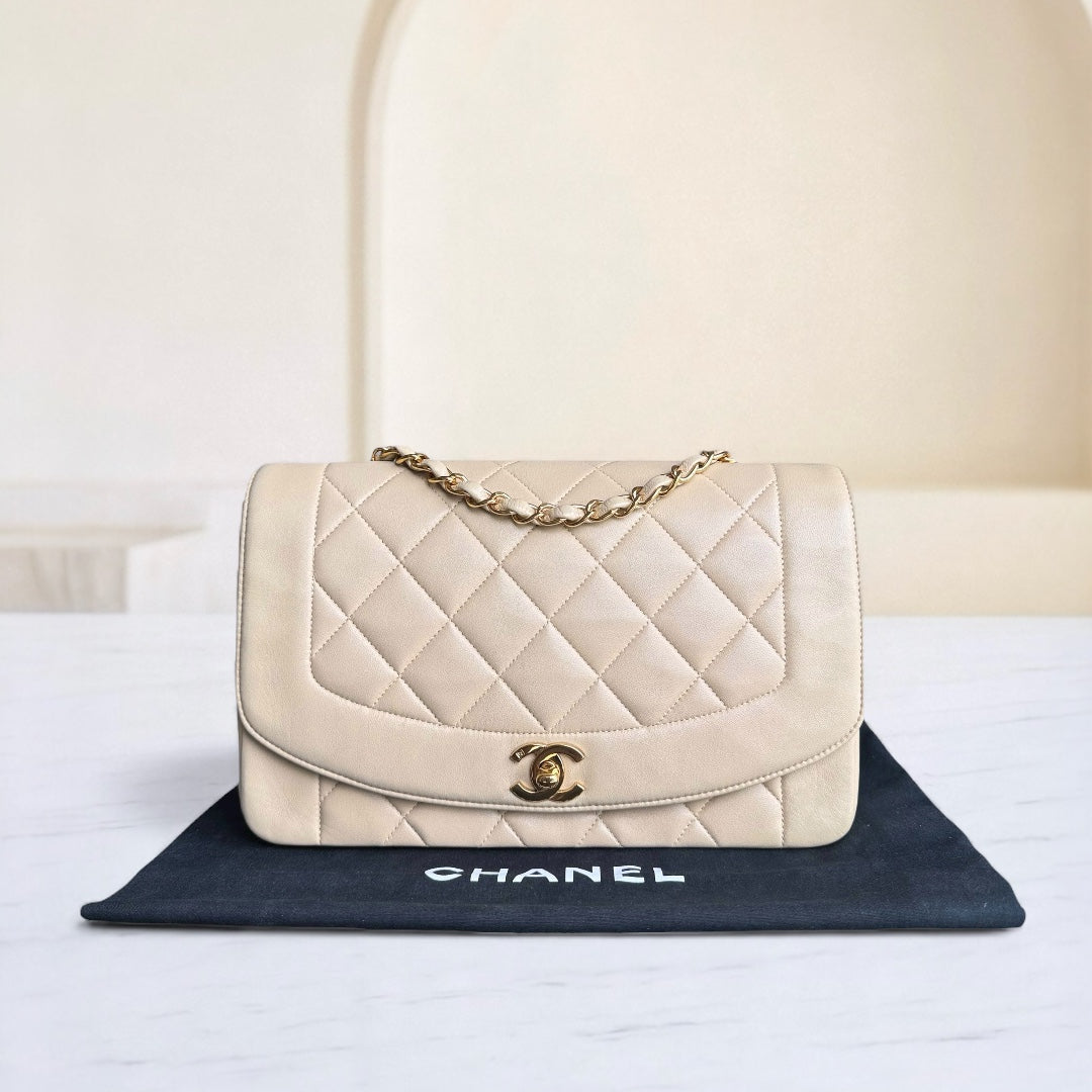 Chanel Diana Medium   - Quilted Lambskin Beige Gold Hardware Series 3