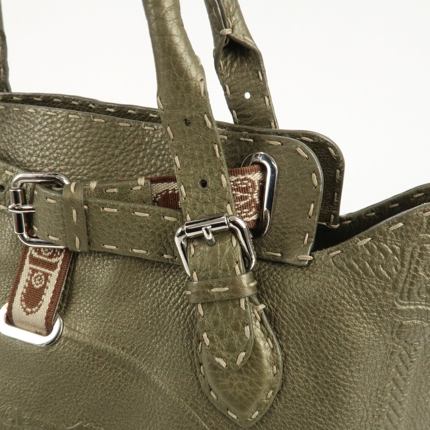 FENDI Selleria Leather Tote Bag Shoulder Bag Khaki 8BN155  d