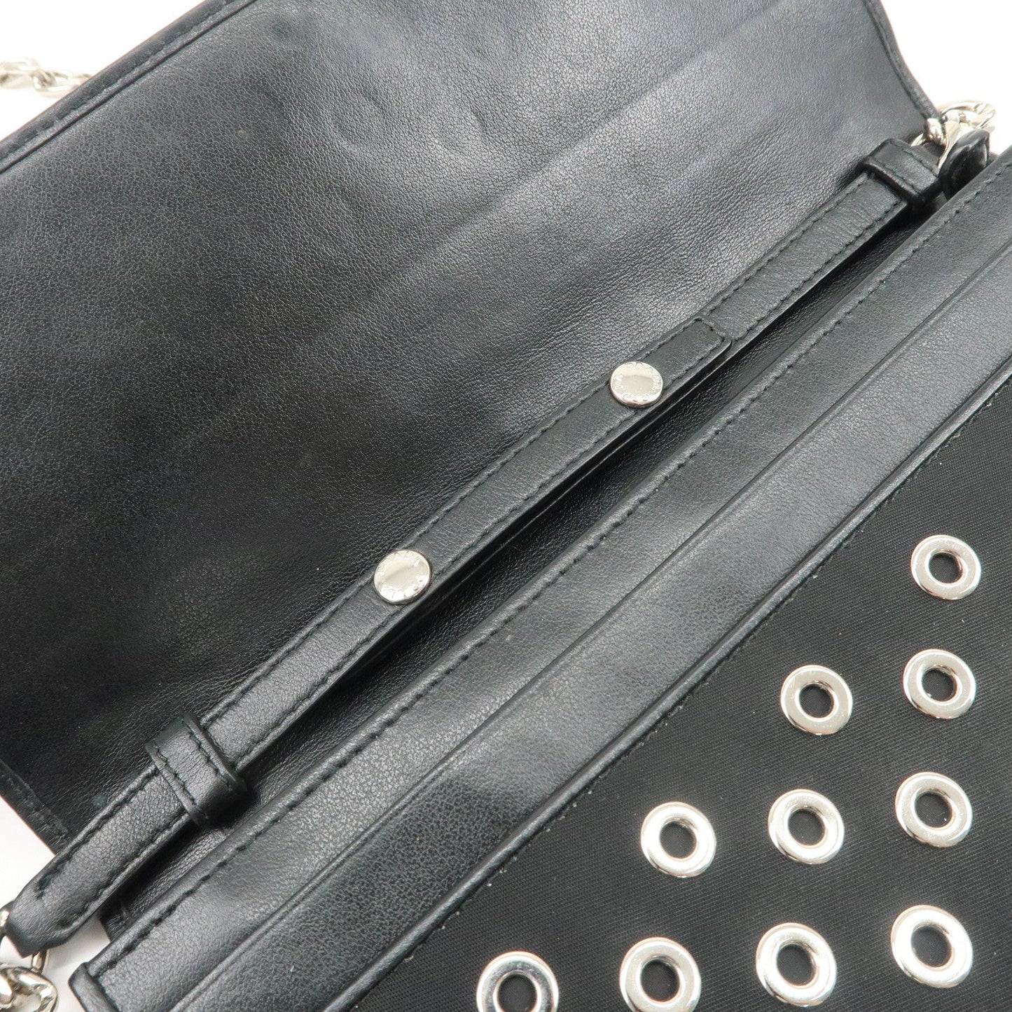 PRADA Grommet Nylon Leather Chain Long Wallet Black Silver HDW  d