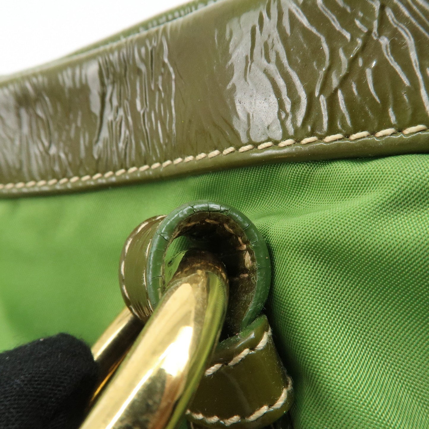 PRADA Nylon Patent Leather Tote Bag Shoulder Bag Green Khaki  d