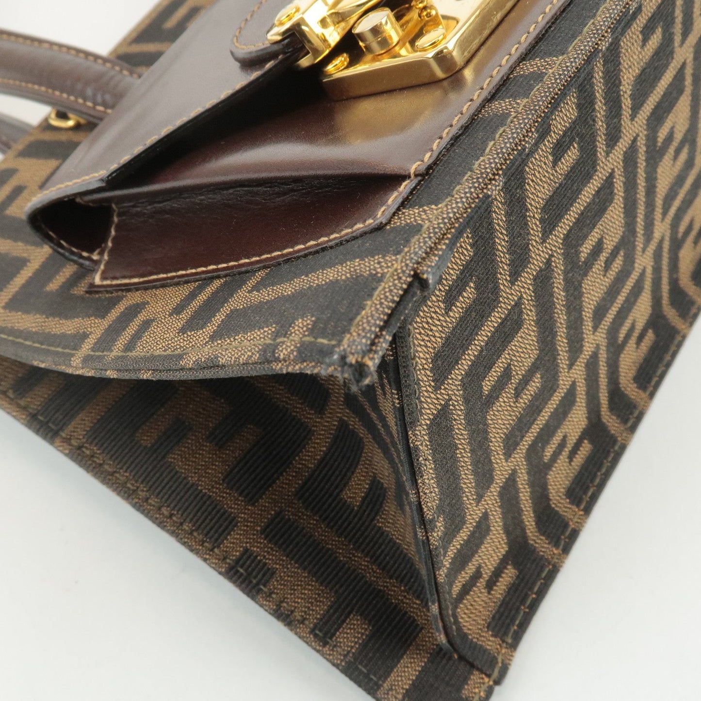 FENDI Zucca Canvas Leather Boston Bag Hand Bag Brown Black  d
