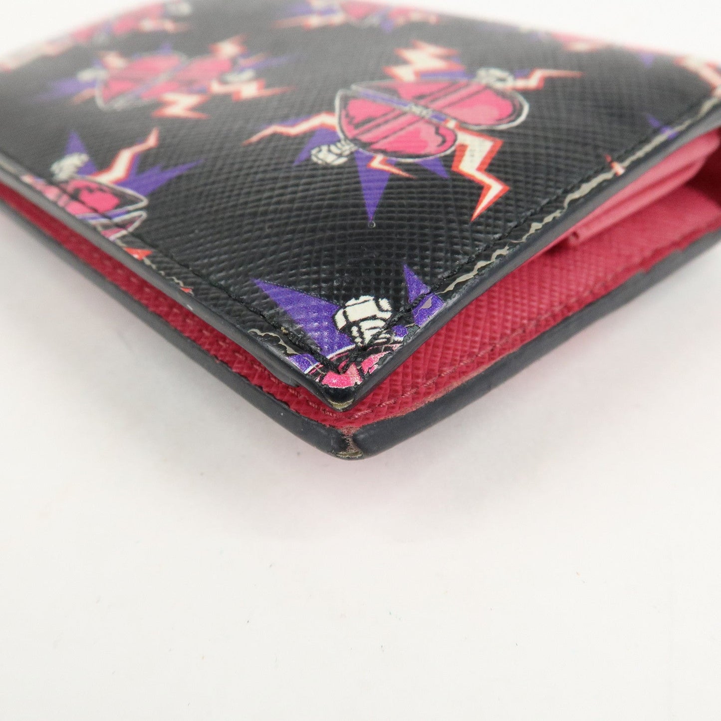 PRADA Logo Saffiano Leather Heart Print Bi-fold Wallet 1MV204  d