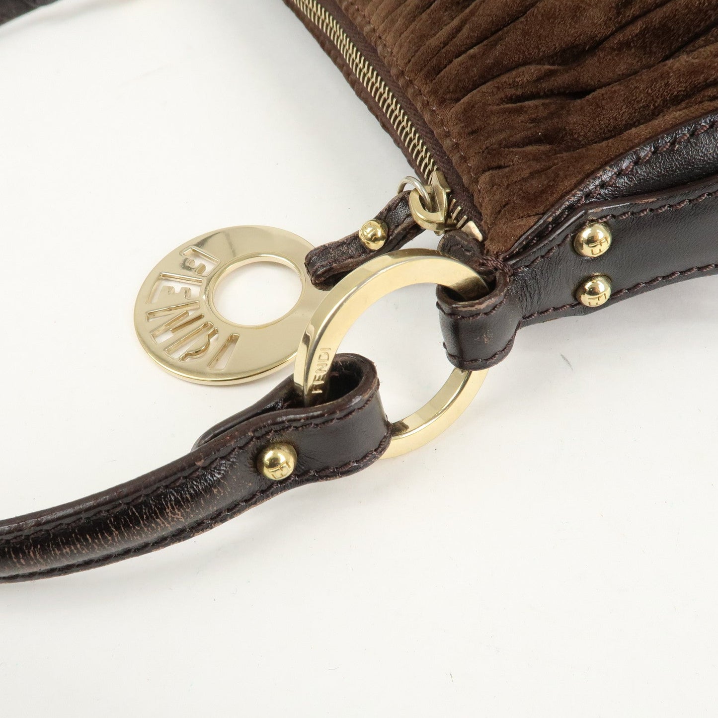 FENDI Suede Leather Gathered Shoulder Bag Dark Brown 8BR454  d