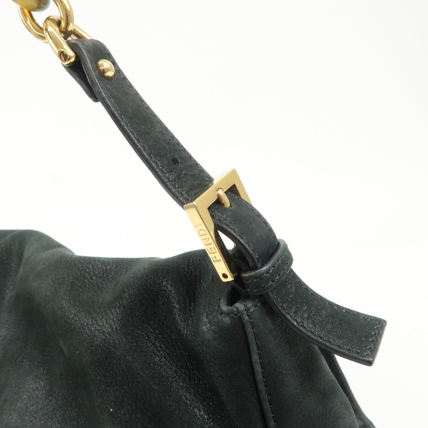 FENDI Mamma Baguette Leather Chain Shoulder Bag Gold Black 8BR638  d