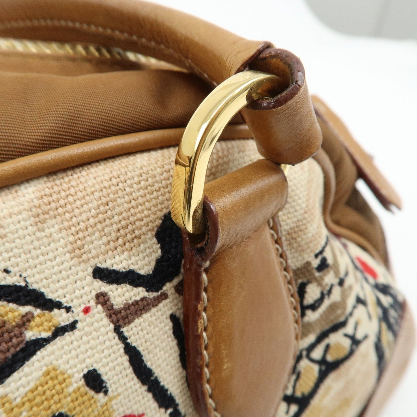 PRADA Logo Canvas Leather Nylon Shoulder Bag Boston Bag Brown  d