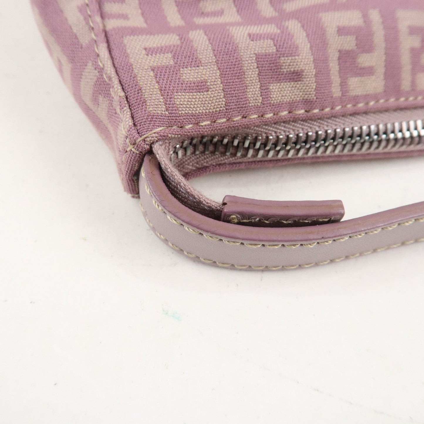 Auth FENDI  Zucchino Canvas Leather Hand Bag Pouch Purple Beige 8N0005  d F/S  d