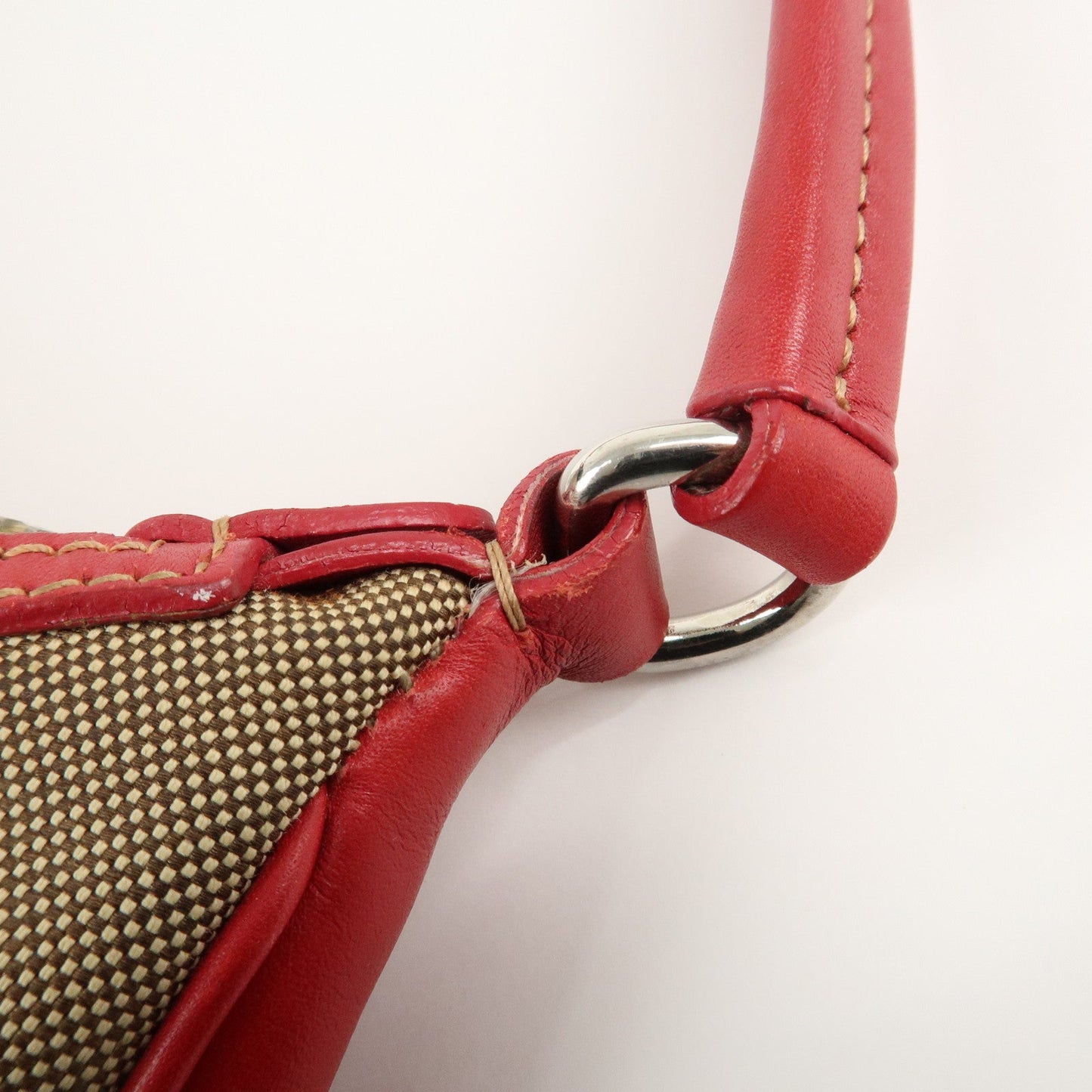PRADA Logo Jacquard Leather Shoulder Bag Beige Red  d