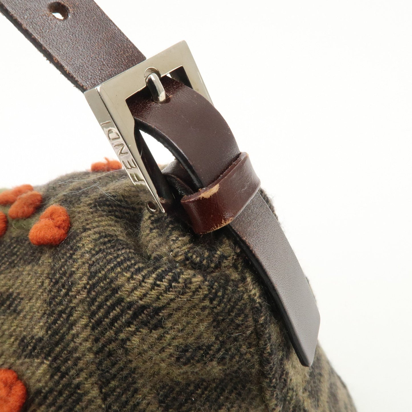 FENDI Mamma Baguette Wool Leather Shoulder Bag Tree Motif Khaki  d