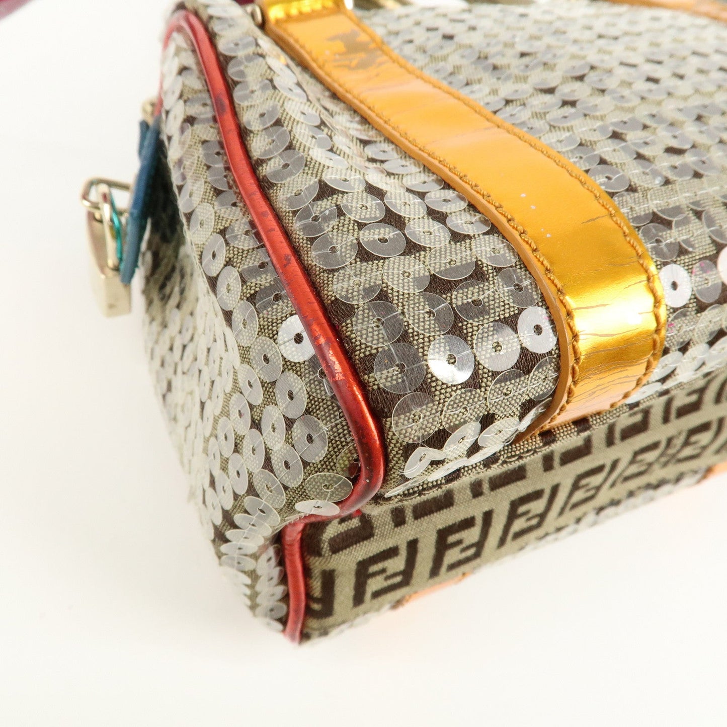 FENDI Zucchino Flip Sequin Canvas Patent Leather Boston Bag 8BL071  d