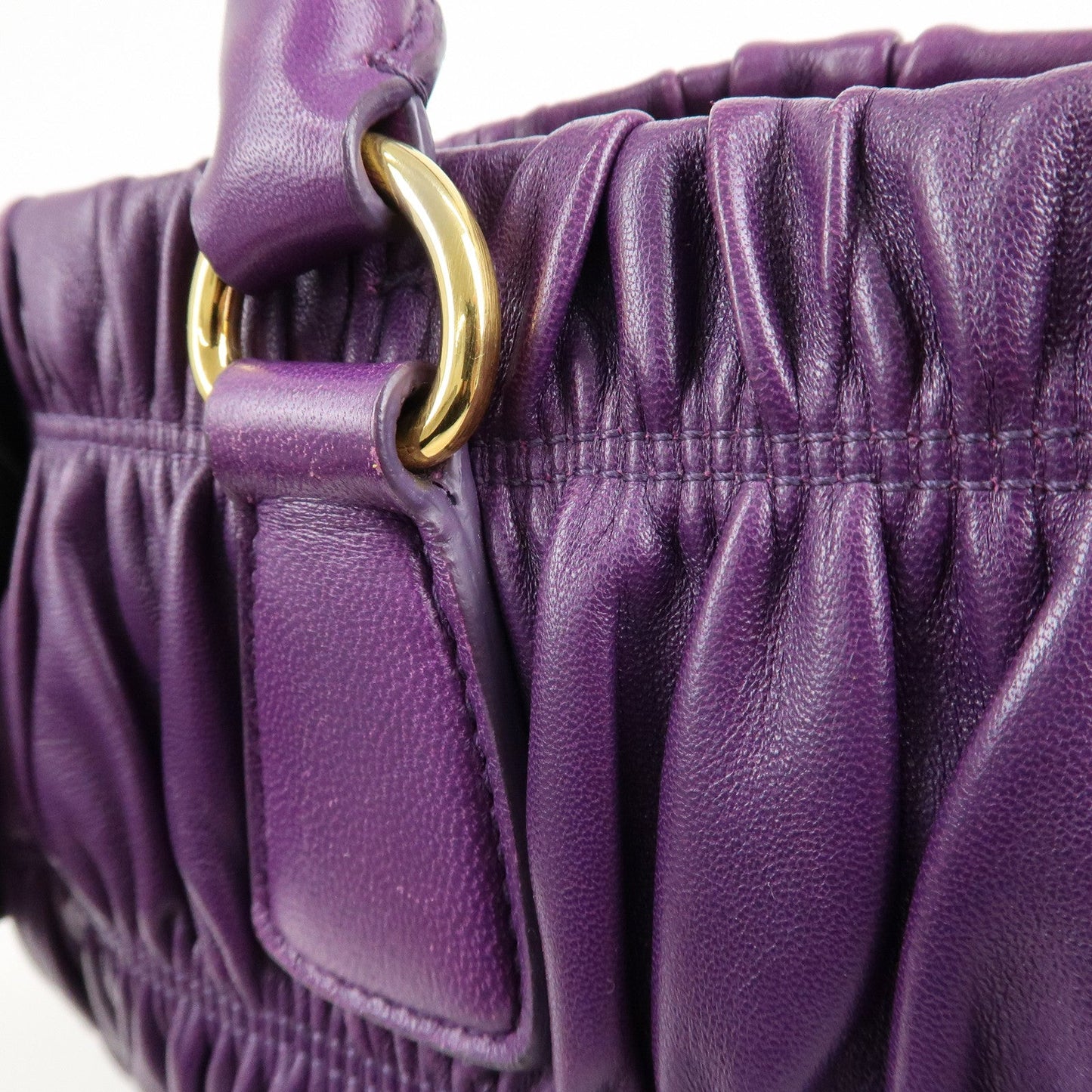 PRADA Leather Gathered Hand Bag Purple Gold Hardware BN2394  d