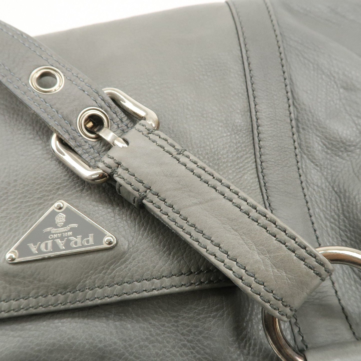 PRADA Leather Boston Bag Shoulder Bag Gray Silver Hardware  d