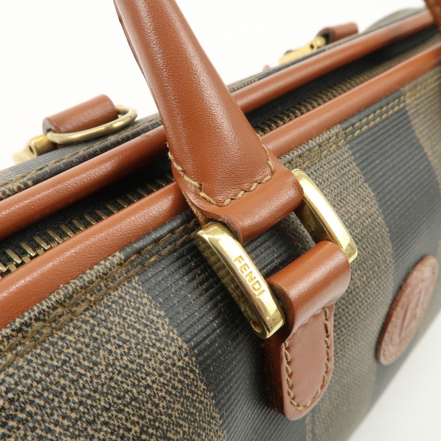 FENDI Pequin PVC Leather 2Way Mini Boston Bag Brown Black  d