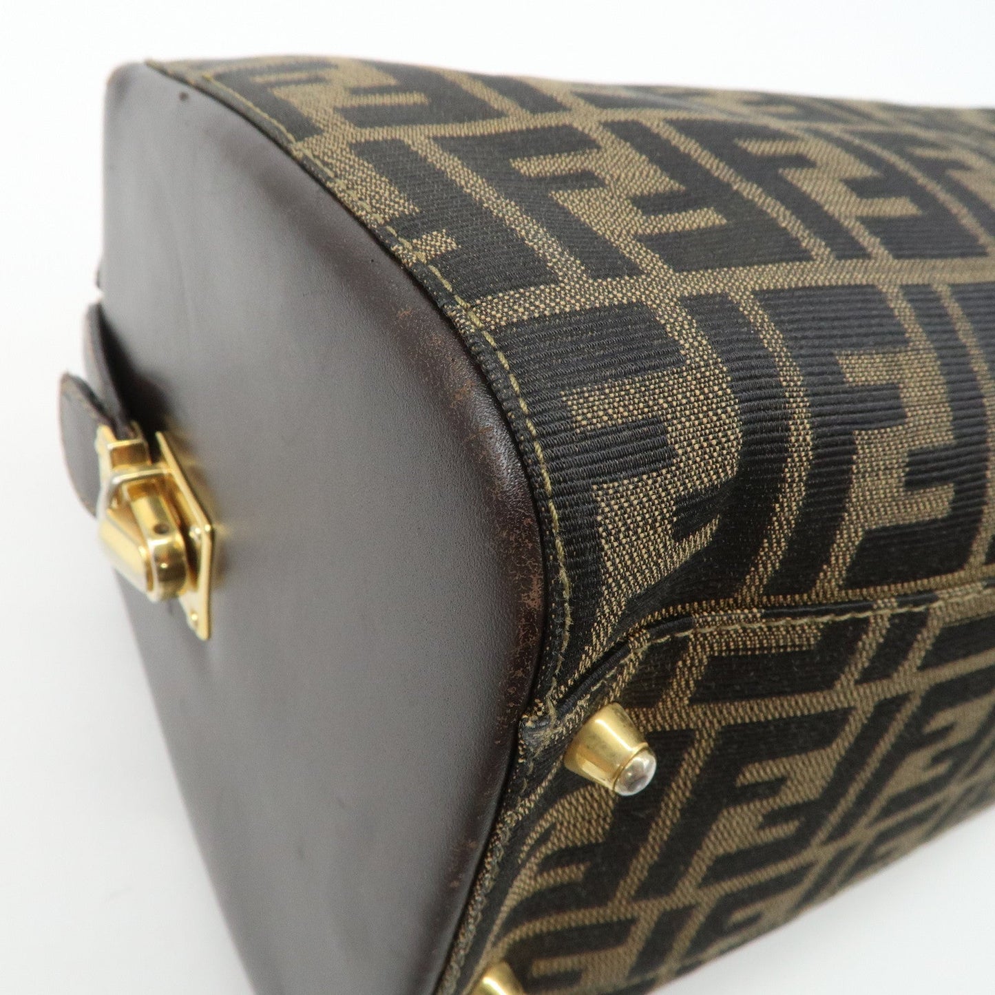 FENDI Zucca Canvas Leather Hand Bag Brown Black  d