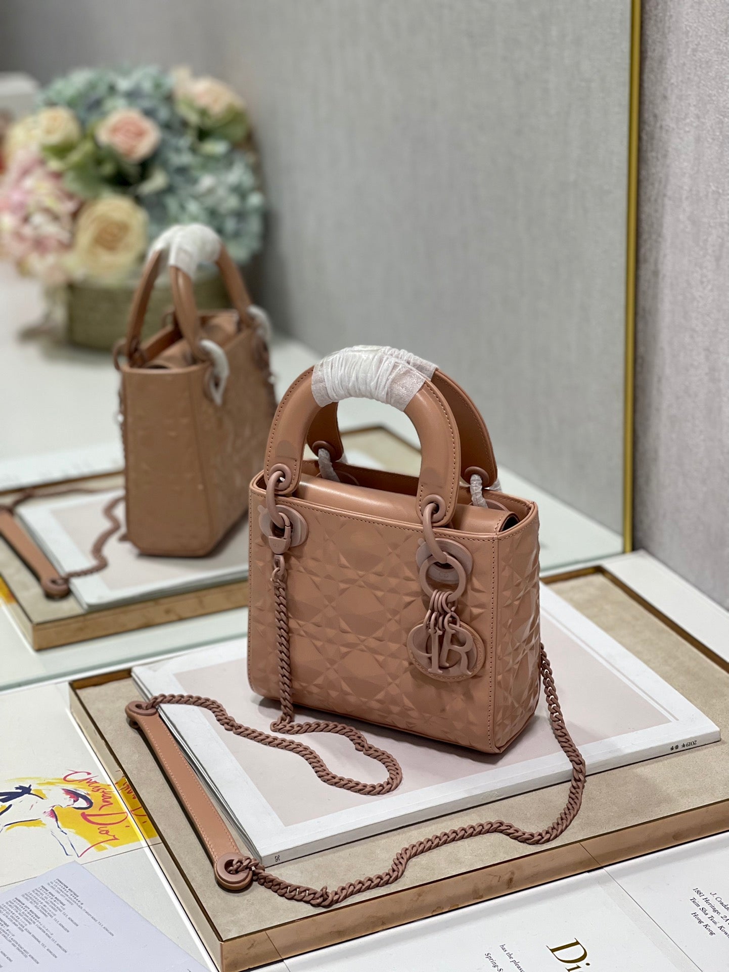 Top Quality Mini Lady Bag Cannage with Beaded Motif, Brown, For Women Womens Handbags, Crossbody Bags, 18cm CD