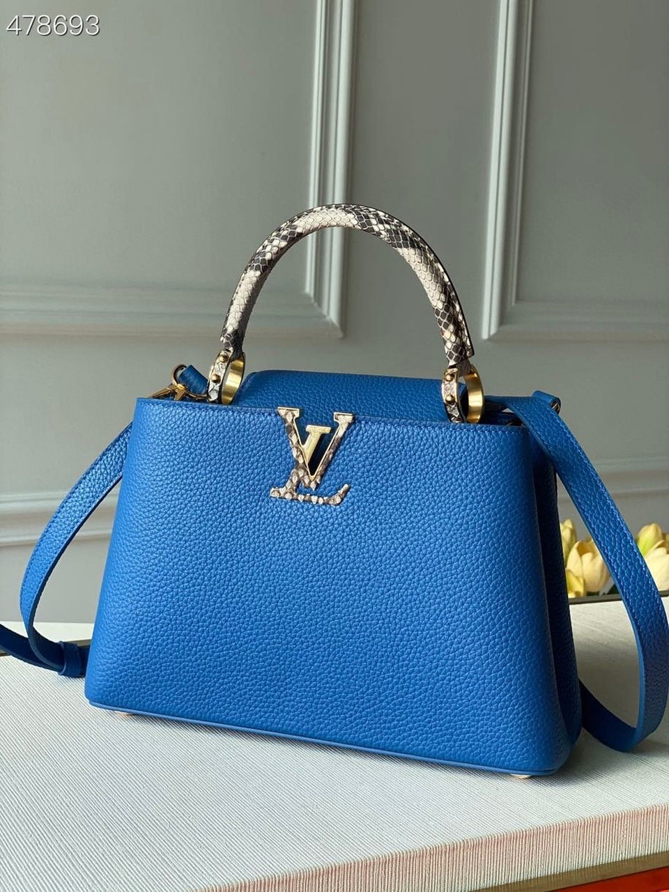 Top Quality Woven Capucines Python Handle Bag 27cm Taurillon Leather Spring/Summer 2021 Collection N98388, Blue