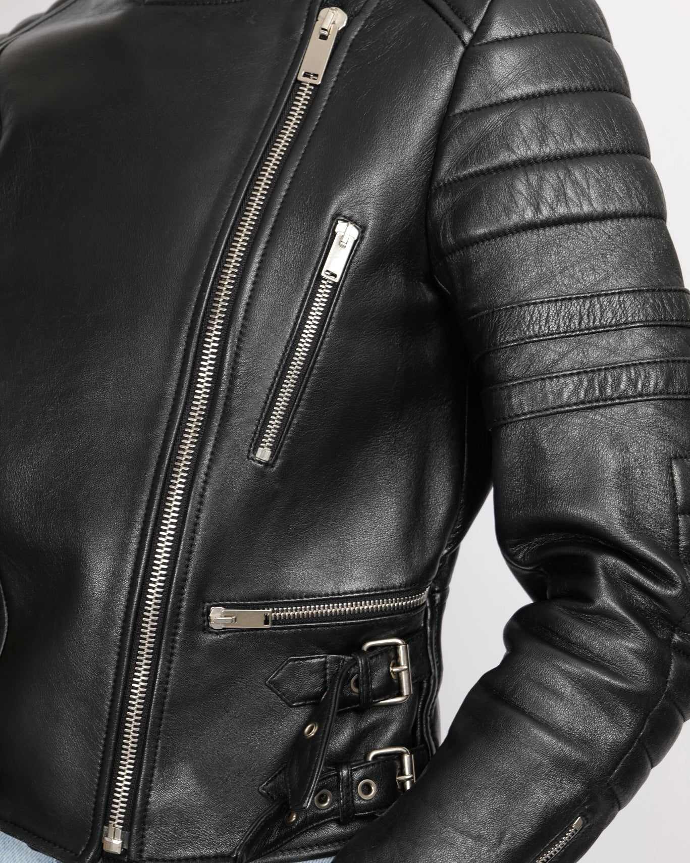 CŽline Black Sheepskin Leather Jacket with Silver Zipper and Buckles Details Size FR 40 (UK 12)