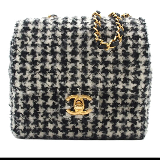 Black Chanel Mini Square Quilted Tweed Houndstooth Straight Single Flap Crossbody Bag