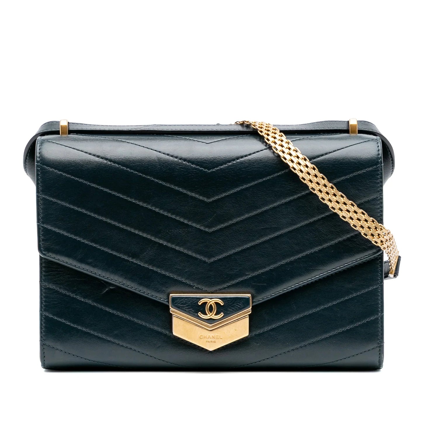 Green Chanel CC Chevron Calfskin Medal Flap Crossbody Bag