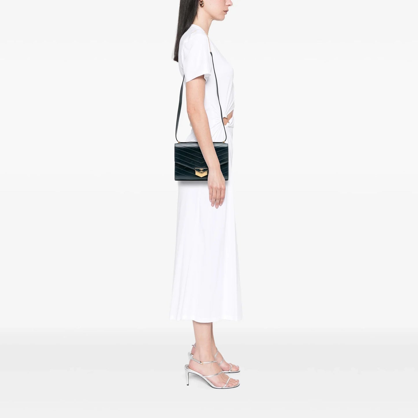 Green Chanel CC Chevron Calfskin Medal Flap Crossbody Bag