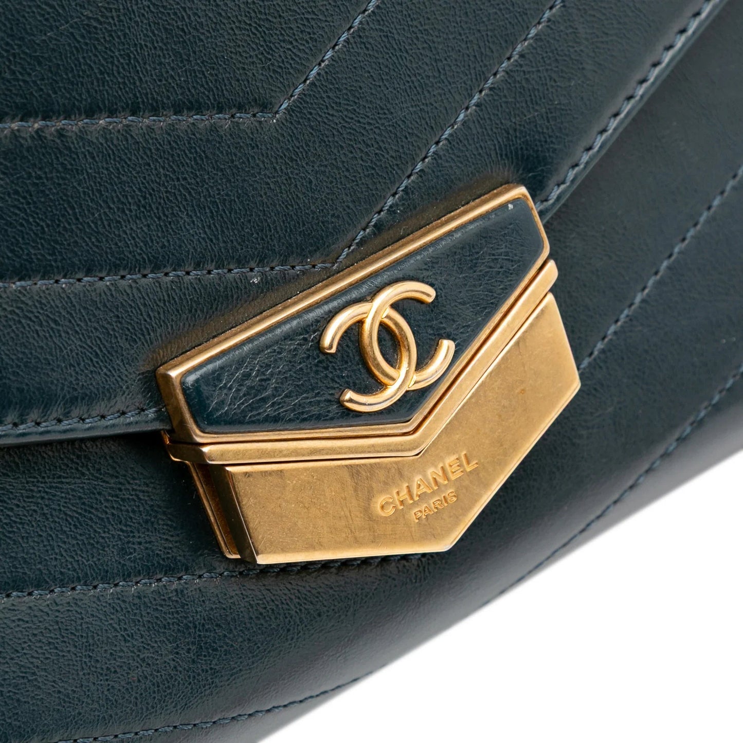 Green Chanel CC Chevron Calfskin Medal Flap Crossbody Bag