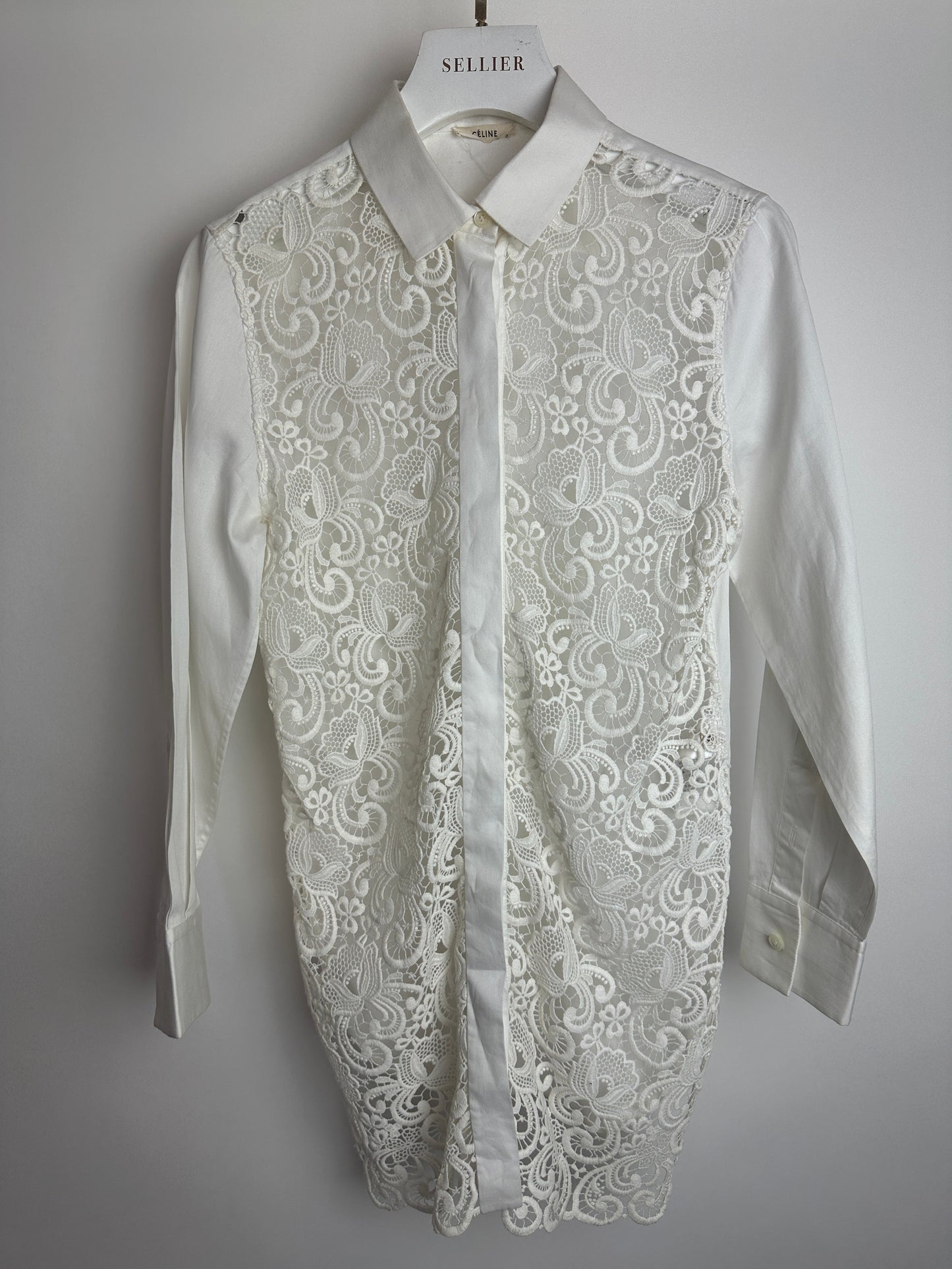 Celine White Cotton Poplin Long Sleeve Shirt with Macrame Front Detail Size FR 38 (UK 10)