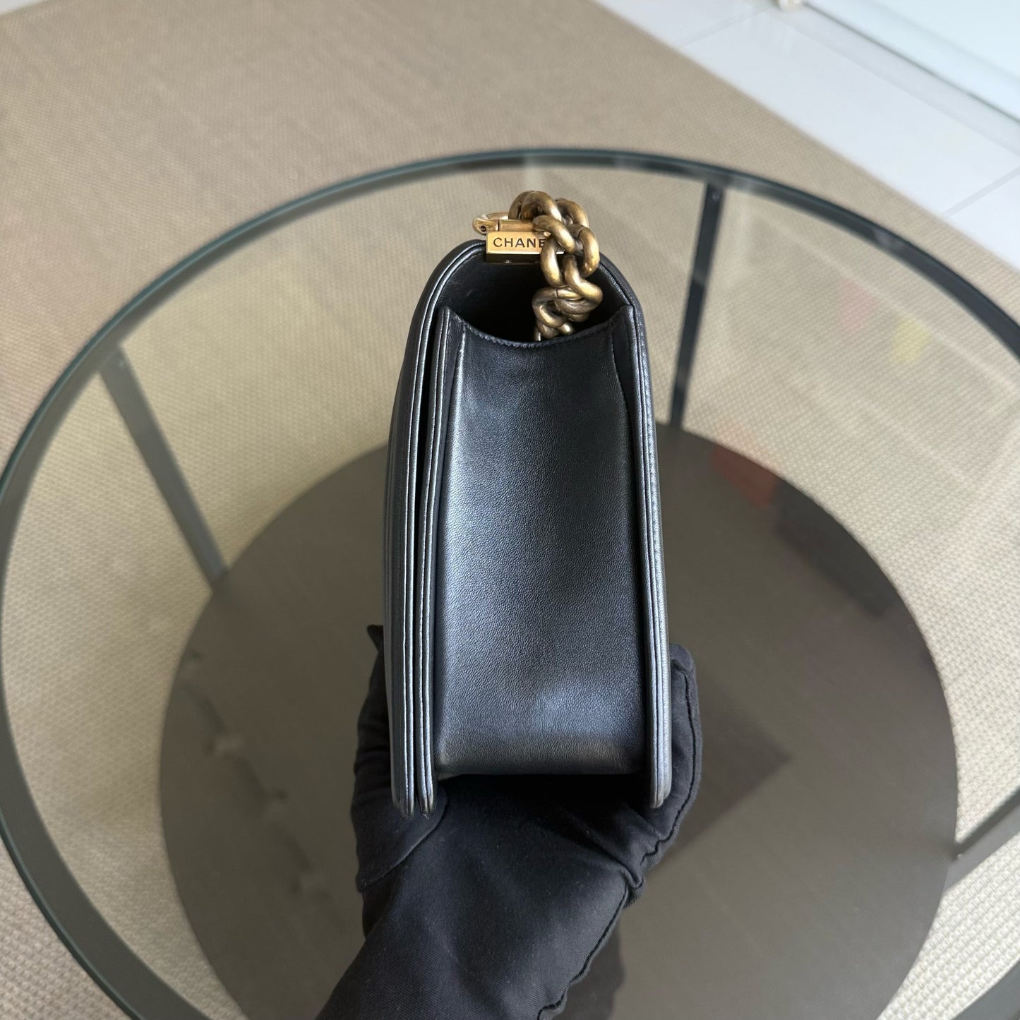 Chanel Boy New Medium - 28CM Quilted Lambskin Black Gold Hardware Series 26