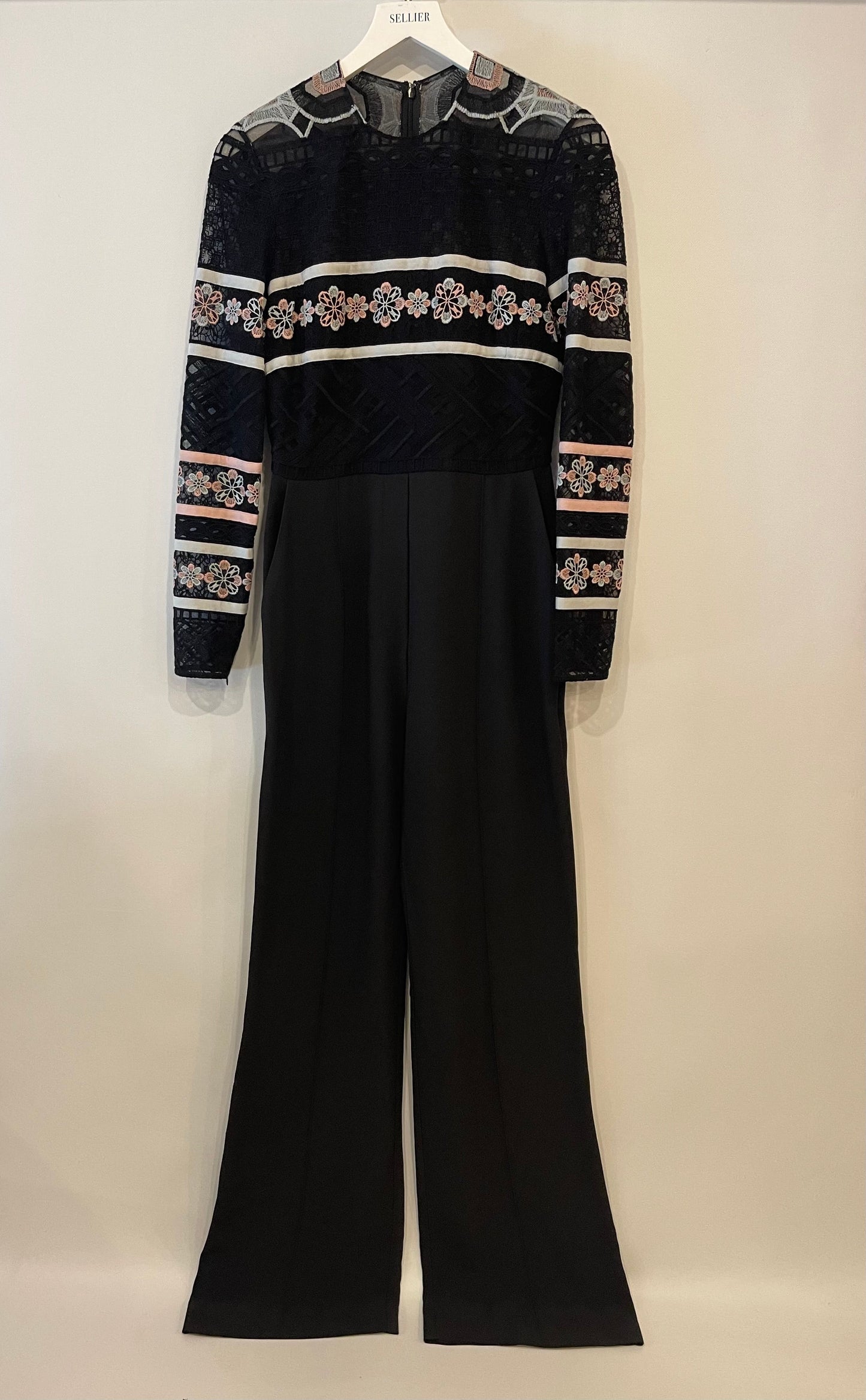 Elie Saab Black Long-Sleeve Jumpsuit with Crochet Floral Details Size FR 38 (UK 10)