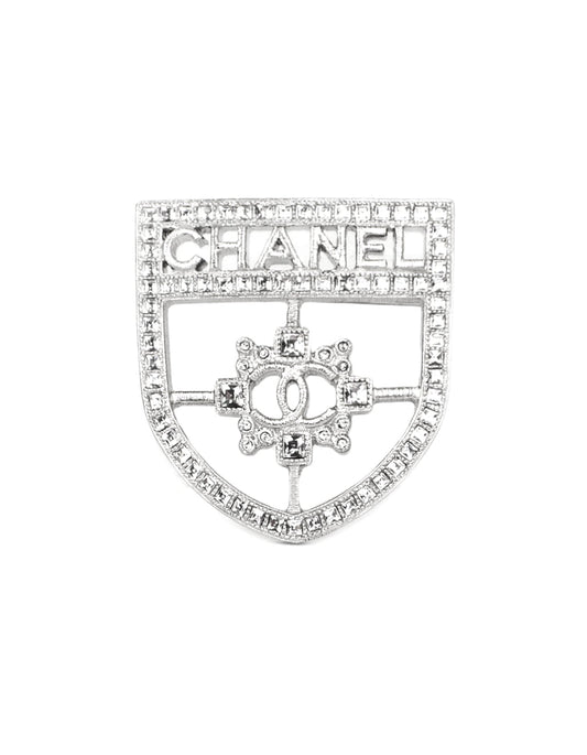 Chanel 2016 Silver Swarovski Crystal CC Shield Brooch