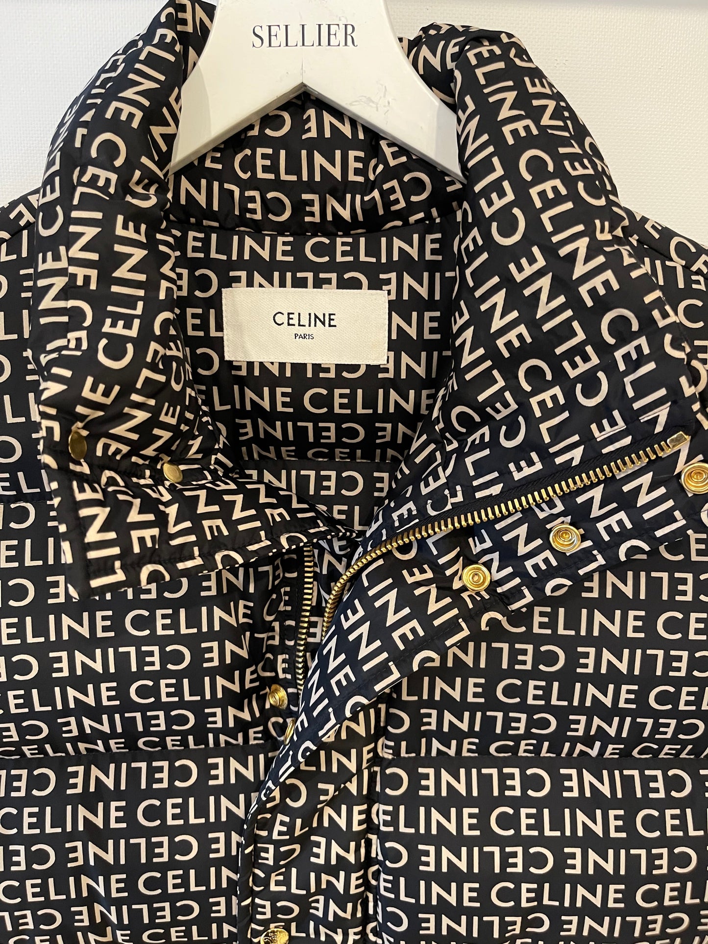 Celine Black and Beige Sleeveless Puffer Jacket with Logo Prints Size XS (UK 6)