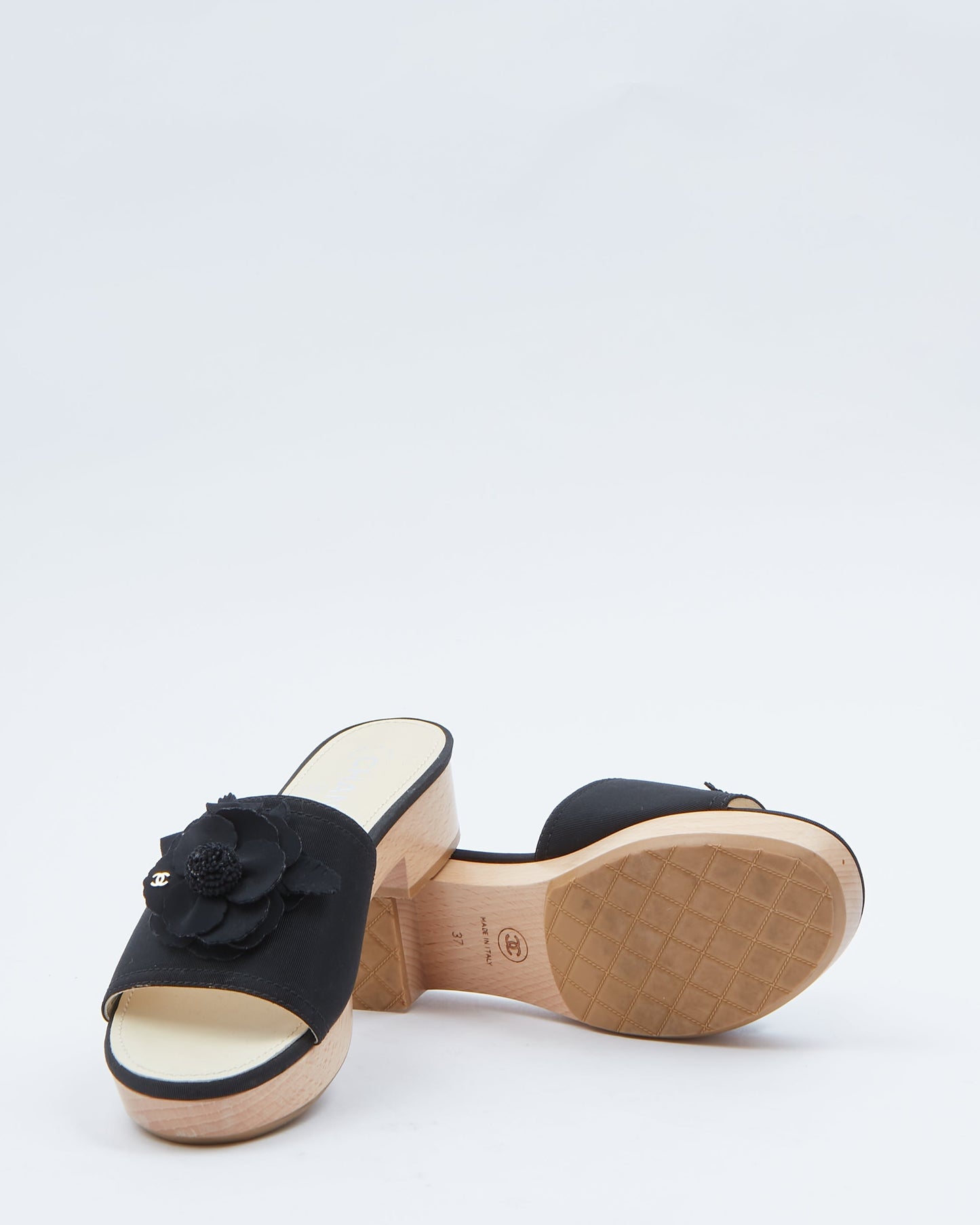 Chanel Black Fabric & Wooden Platform Slides - 37